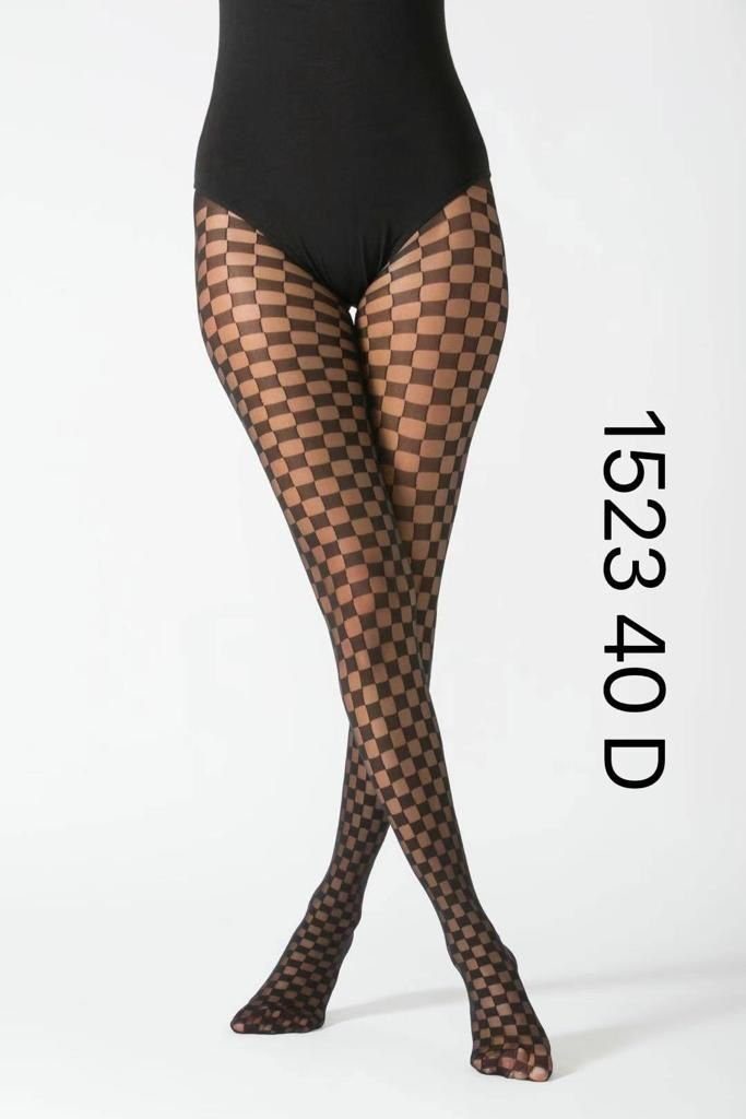 COFI 1453 Strumpfhose Damen Strumpfhose Durchsichtig Kariert Baumwollzwickel Schwarz