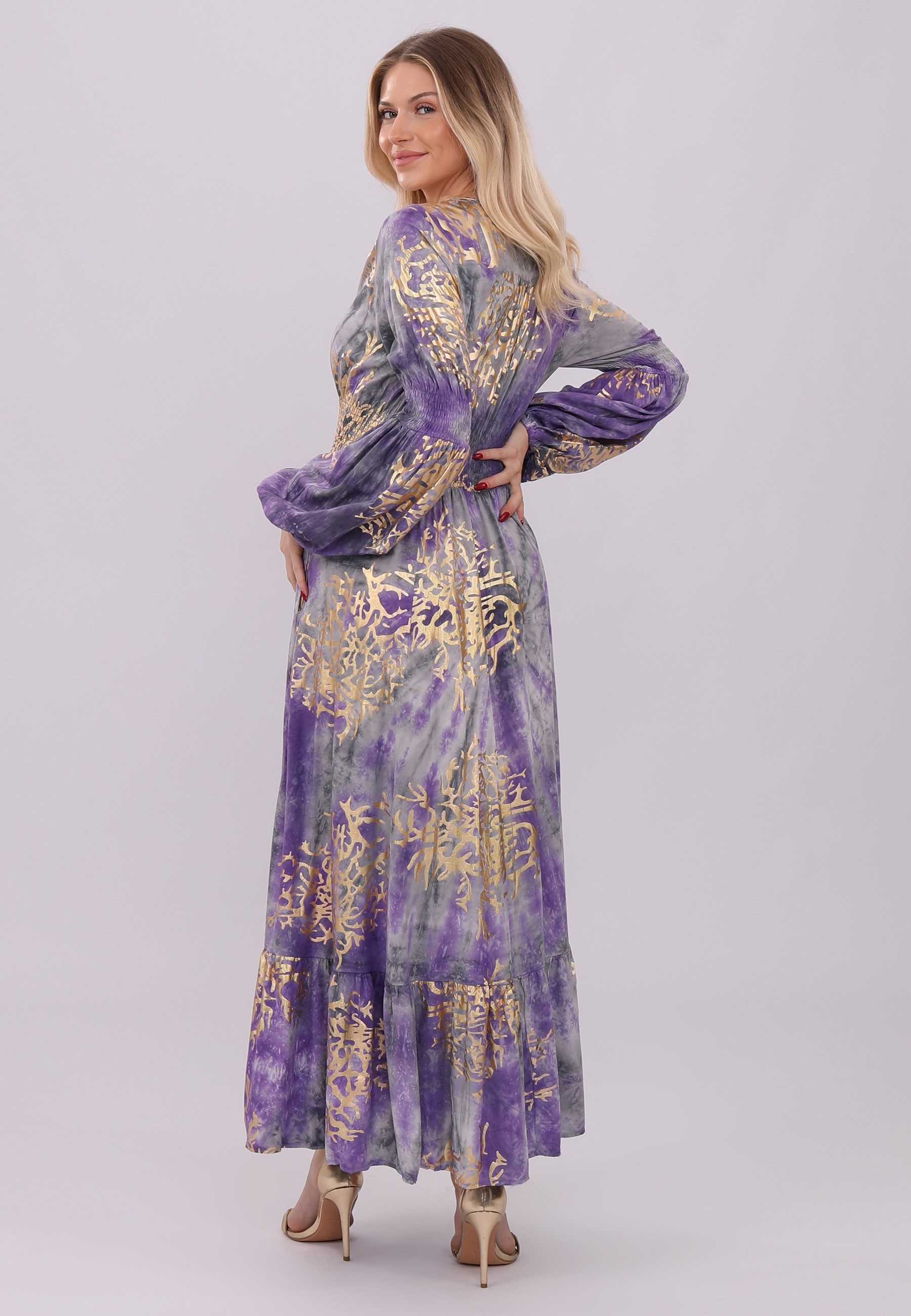YC Fashion & Style Sommerkleid Elegantes Maxikleid in Lila mit Goldakzenten und Komfortschnitt Boho