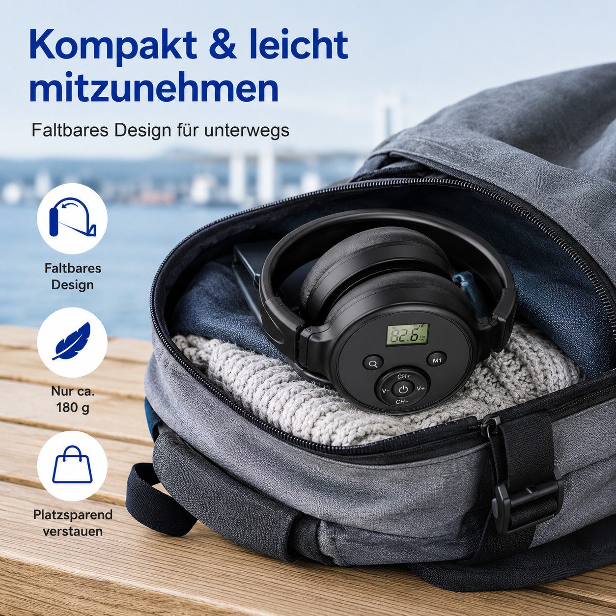 Tekoo UKW-Radio Kopfhörer wiederaufladbar 24h Akku FM Headset faltbar UKW-Radio (Senderspeicher, FM-Empfang, Automatischer Sendersuchlauf, Lange Akkulaufzeit (24h),Leichtgewicht(180g),Senderspeicher)