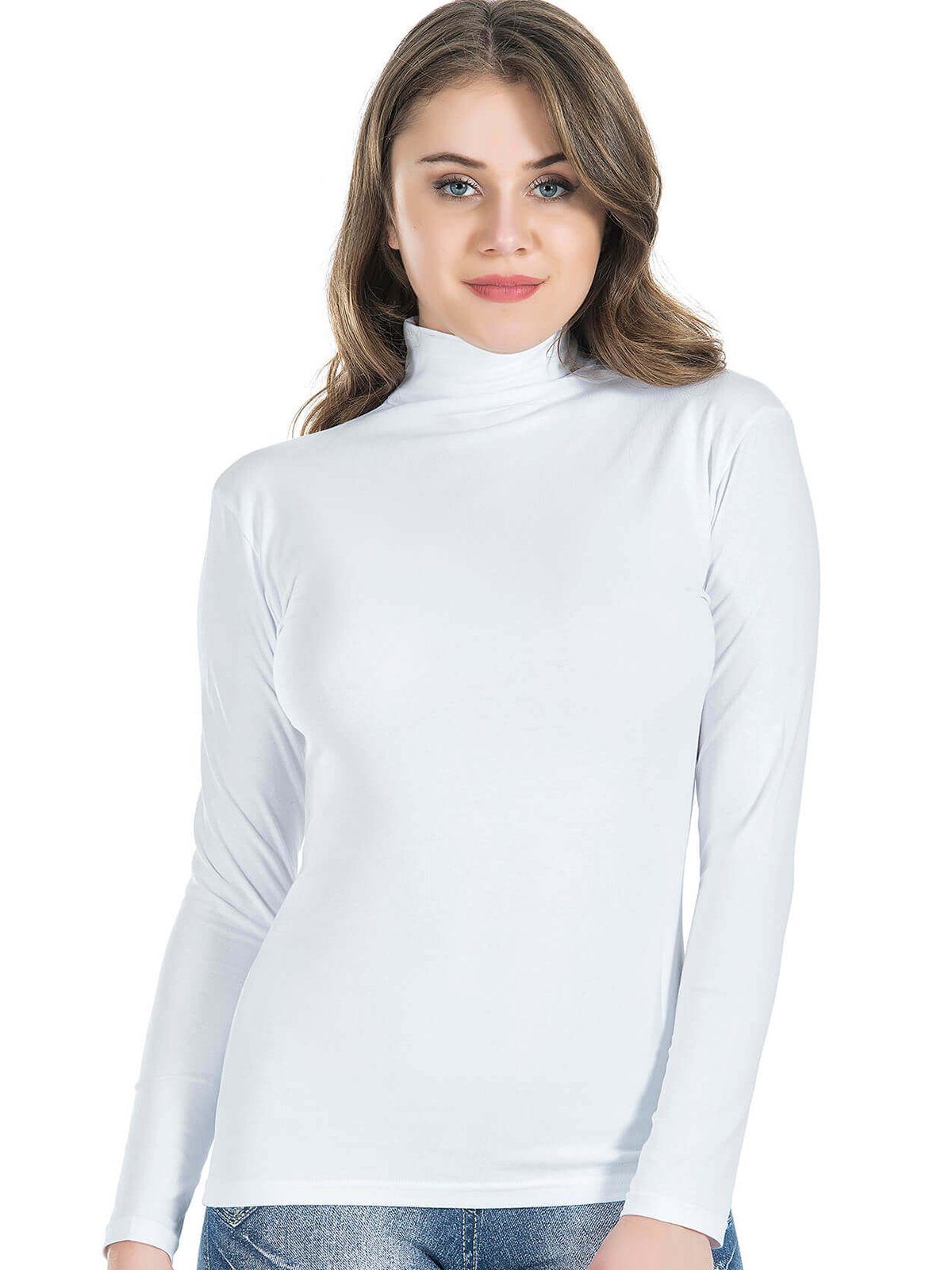 Lilitime Langarmshirt BS514 Damen Langarm Stehkragen Unterhemd Weiß