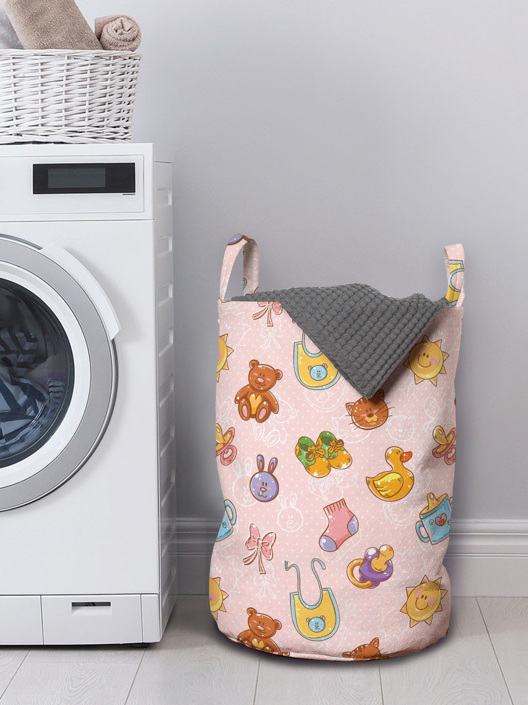 Wäschekorb Waschsalons, Griffen Wäschesäckchen mit Kinderspielzeug Baby Abakuhaus Katzen-Karikatur Kordelzugverschluss für