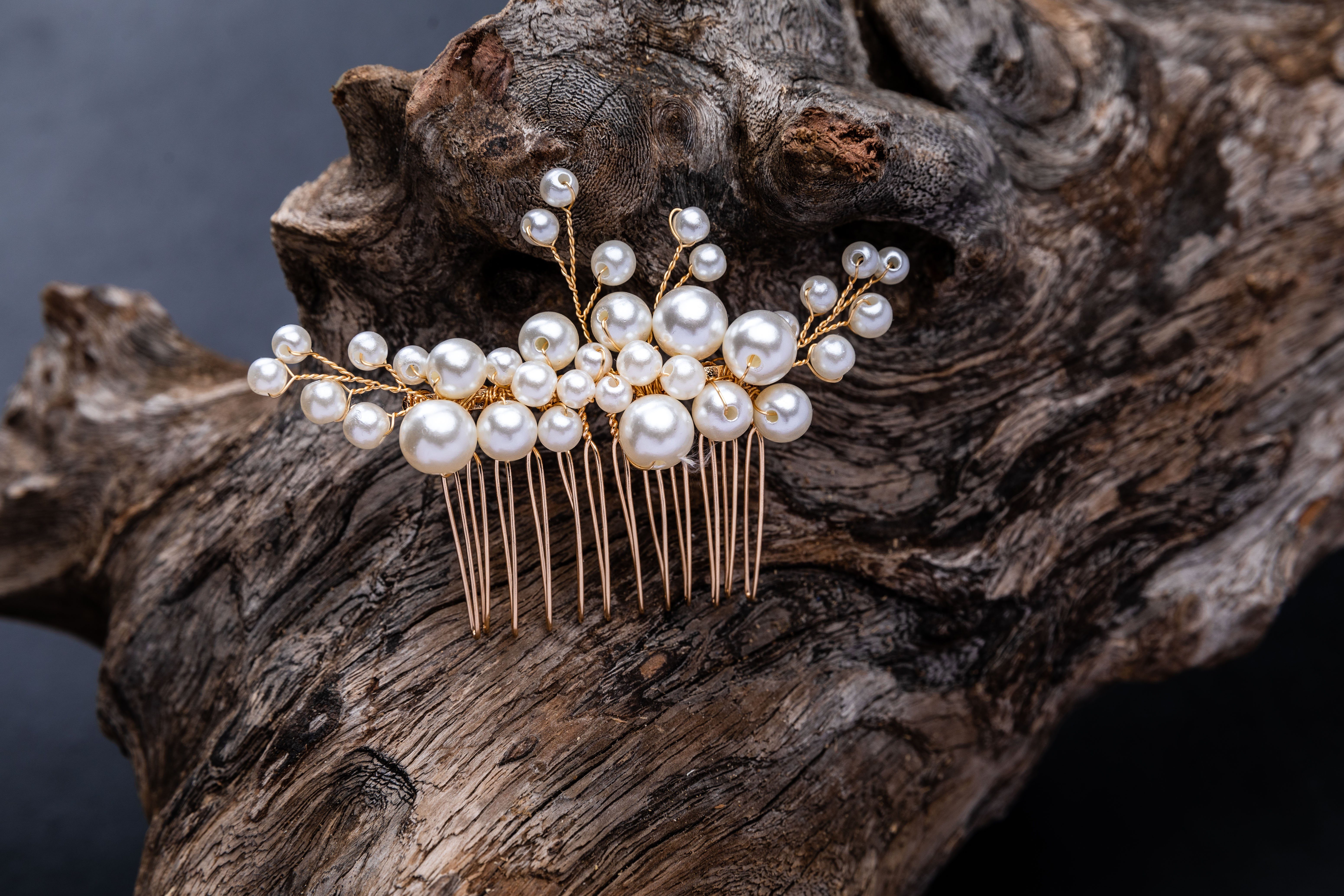 verschiedene (5-tlg), Haarschmuck gold Hochzeit Brautkrone Perlengrößen Schmuckset Perlen Braut