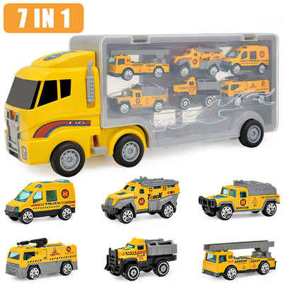 Jioson Spielzeug-Transporter Spielzeug-Transporter Spielzeug-Bagger 7-in-1 LKW Tragekoffer gelbe, (34*9.5*14.5cm, 6 Räder für den Fahrbetrieb und die Sitzstabilisierung), 7 Stück (1X großer Bagger, 6X Alu-LKW)