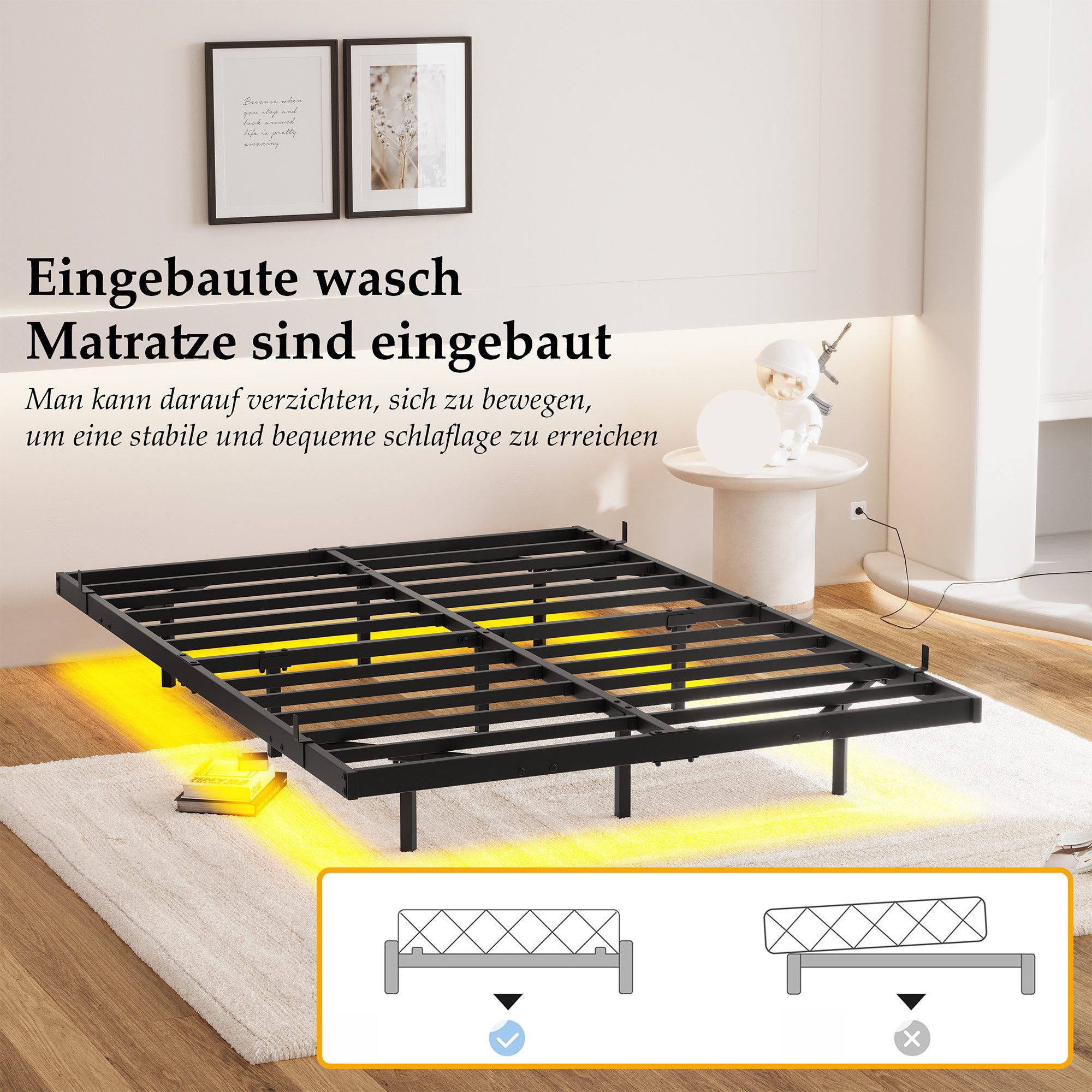 MODFU Metallbett integrierter Ladestation & robustem Lattenrost (modernes Schwebebett, mit LED-Lichtleiste, Metallbett 140x200 cm)