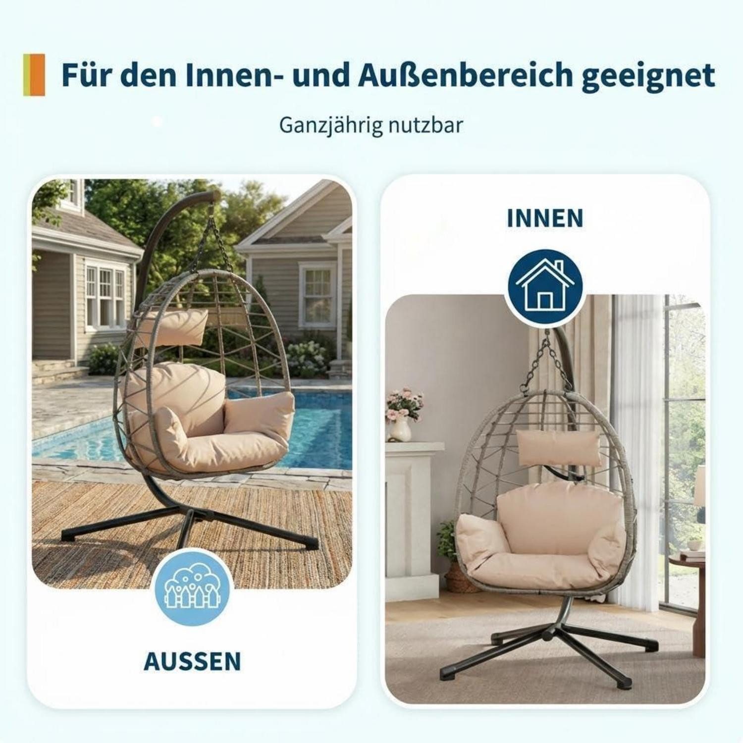 LuxusKollektion Hängesessel Hängesessel Rattan Metallgestell klappbar 150kg wetterfest Beige