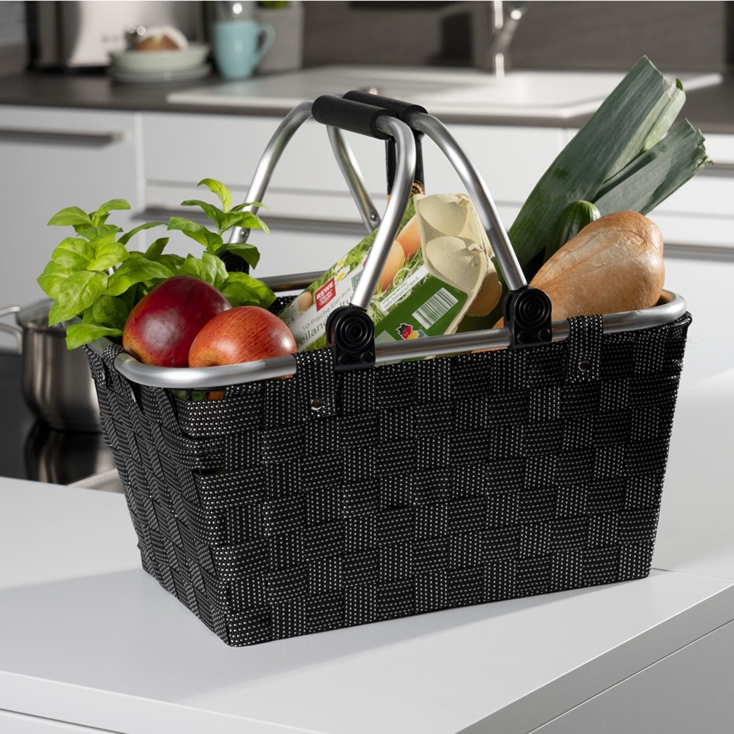 Home4You Einkaufskorb, 2er Set, Schwarz, Aluminiumgriffe, Kunststoffgeflech günstig online kaufen