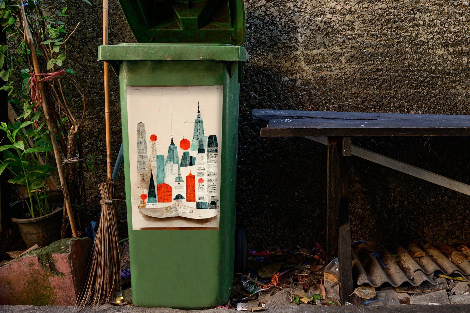 MuchoWow Wandsticker Vintage - Stadt Sticker, - Container, St), (1 - Skyline Mülltonne, Farben Mülleimer-aufkleber, Rot Abfalbehälter 