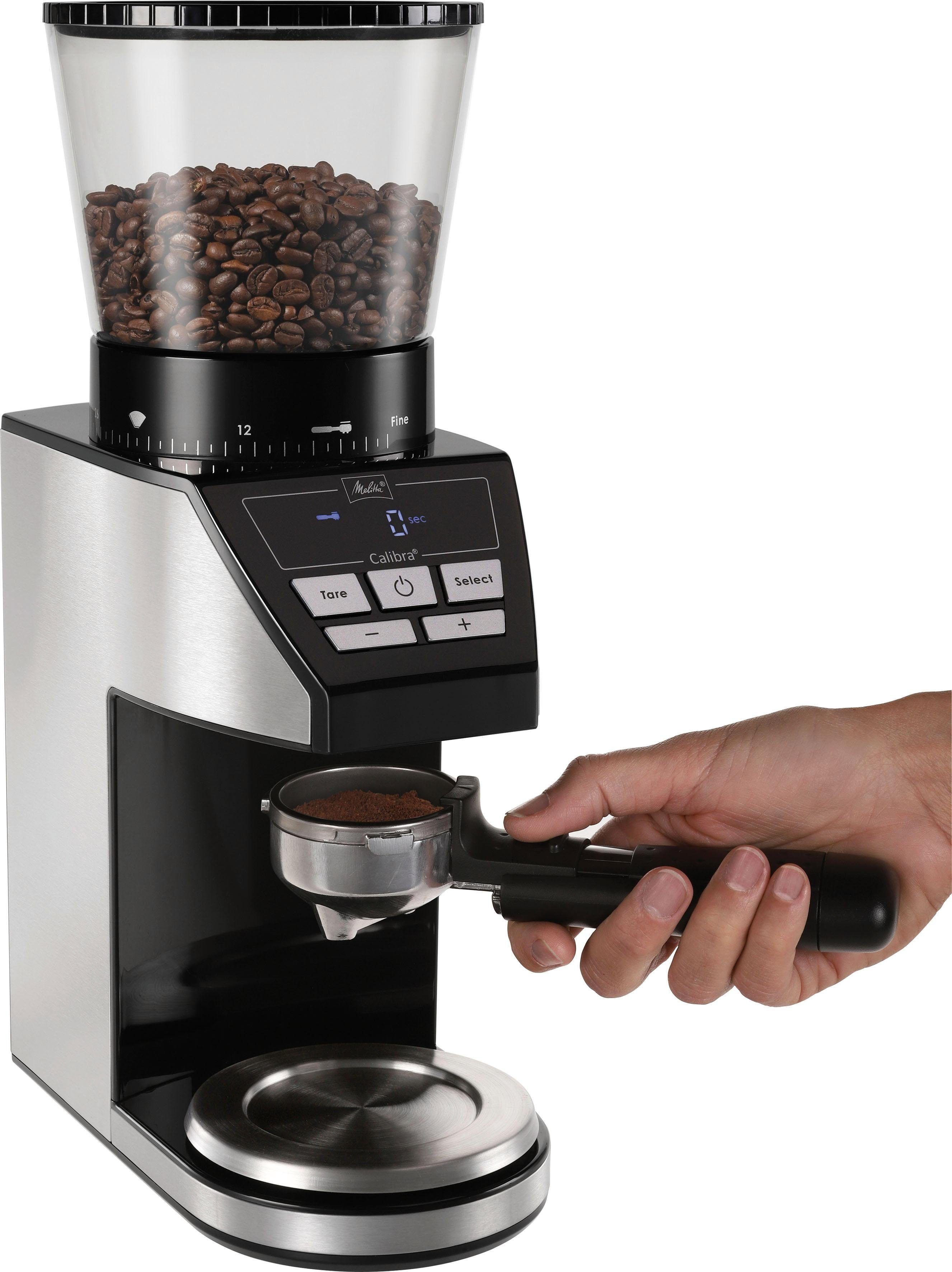 Melitta Kaffeemühle Calibra 1027-01 schwarz-Edelstahl, 160 W, Kegelmahlwerk, 375 g Bohnenbehälter schwarz|silberfarben