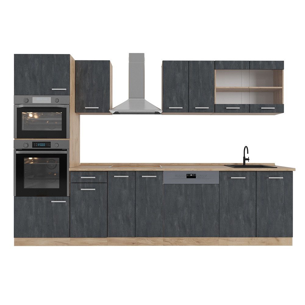 Vicco Küchenzeile R-Line, Schwarz Beton/Goldkraft Eiche, 300 cm AP Eiche