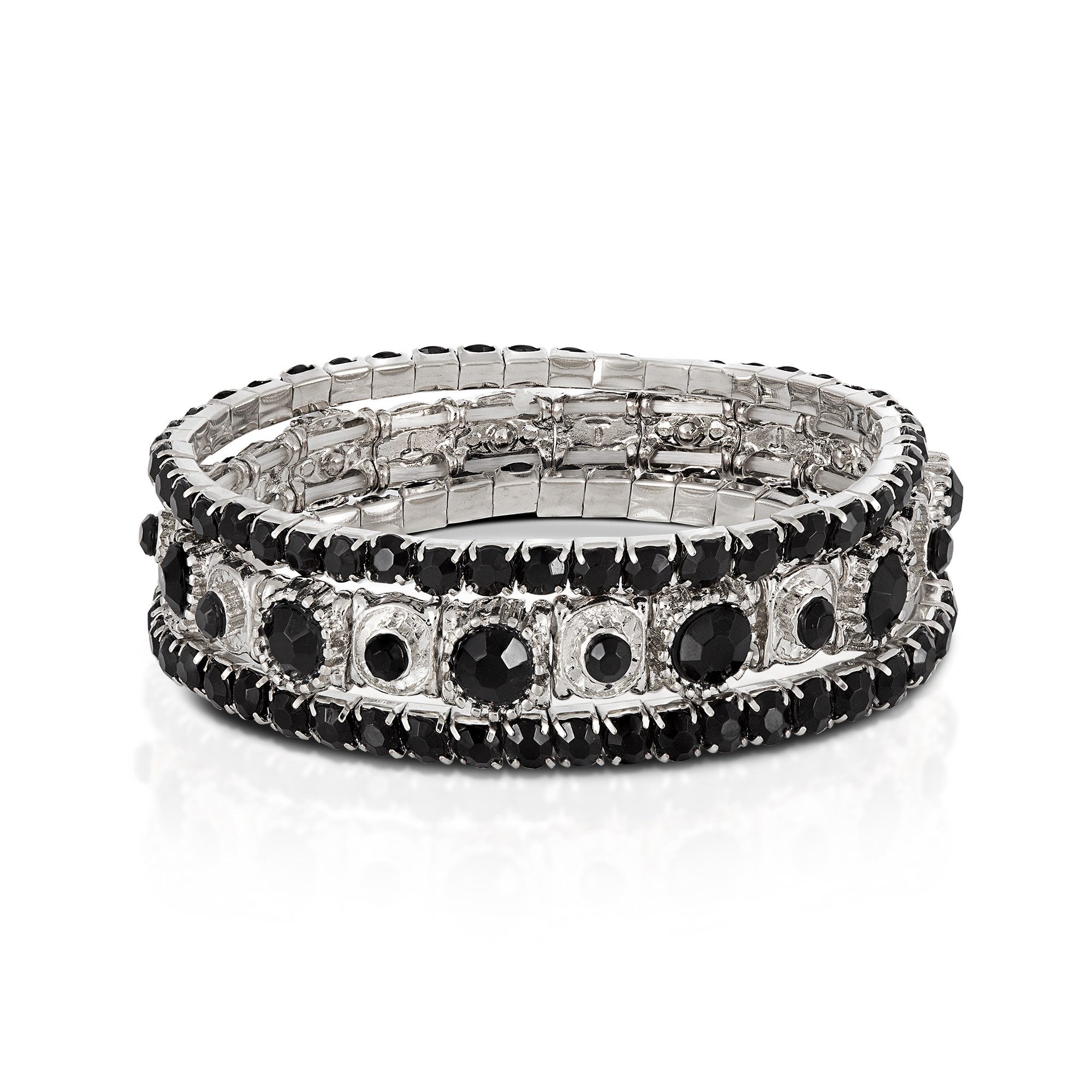 Steuer Armband Set aus 3 Strecharmbändern rhodiumf.-schwarz. Reduzierter Preis € 27,95. Unverbindliche Preisempfehlung € 42,90