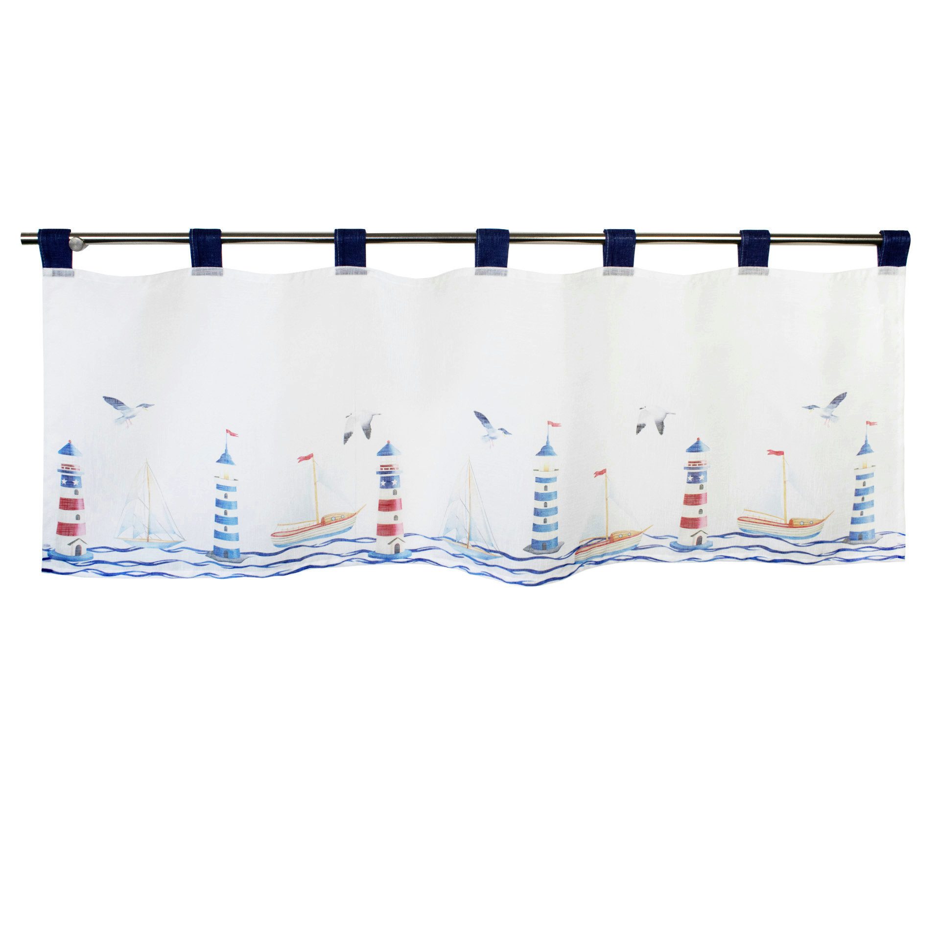 Delindo Lifestyle Scheibengardine Leuchttürme maritim, 45x120 cm, für Küche und Bad, Schlaufen, halbtransparent – Bild 3 von 4