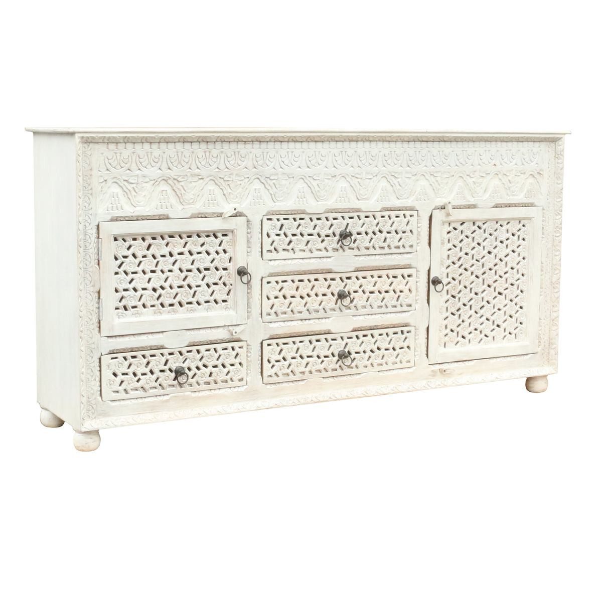 Oriental Galerie Unterschrank Weiß Whitewash Sideboard Tamani Indien 195cm Kommode, Massivholz, Wohnzimmer