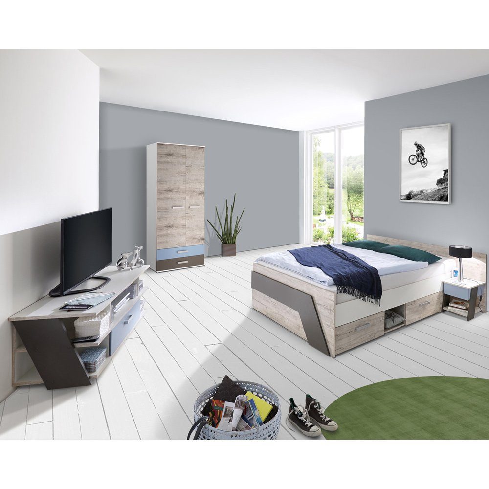 Lomadox Jugendzimmer-Set LEEDS-10, (Sparset, 4-tlg), mit 140x200cm Bett in Sandeiche Nb. mit weiß Lava und Denim Blau