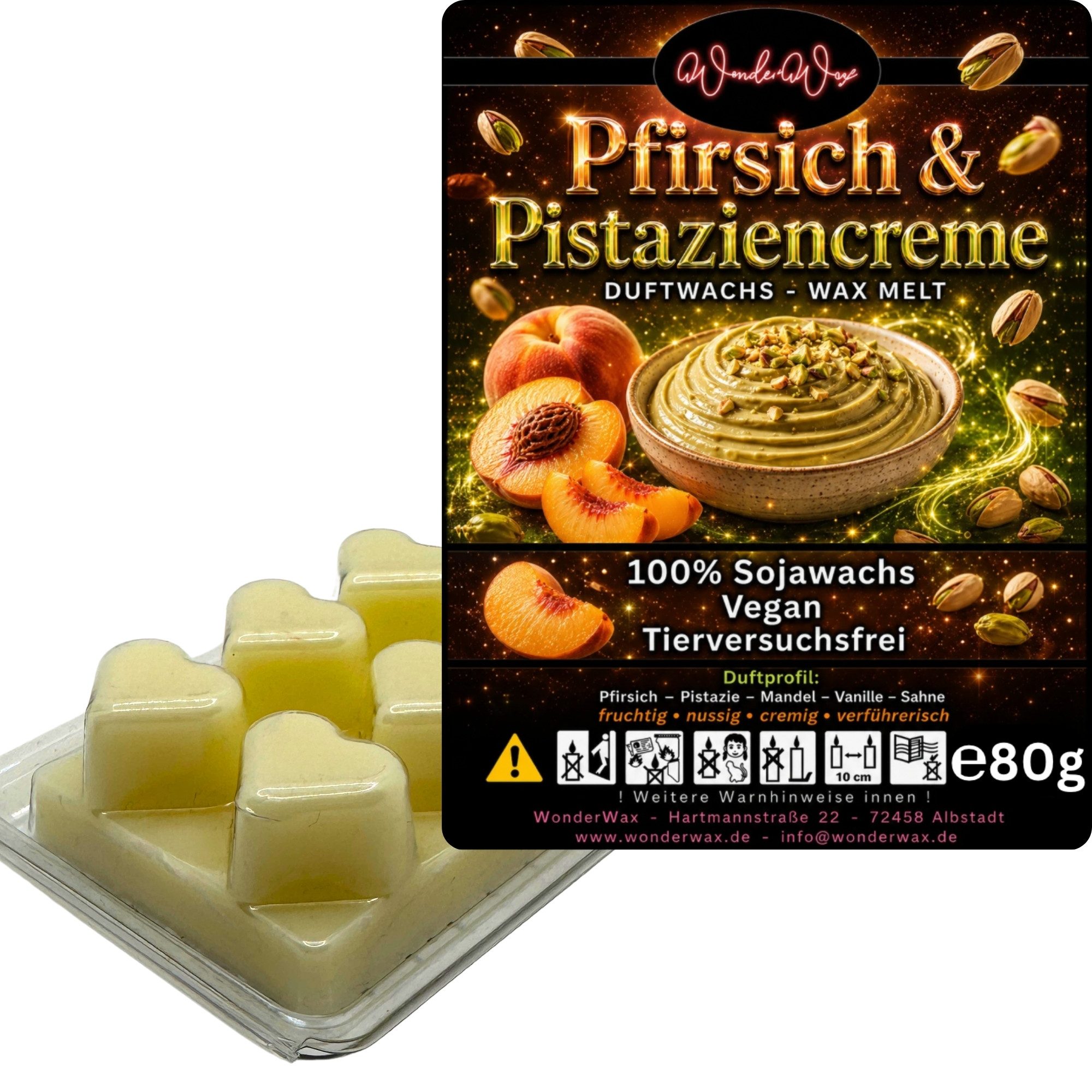 WonderWax Duftwachs WonderWax® Duftwachs 6 Herzen, (Pfirsich & Pistaziencreme), Duftrichtung: Pfirsich & Pistaziencreme