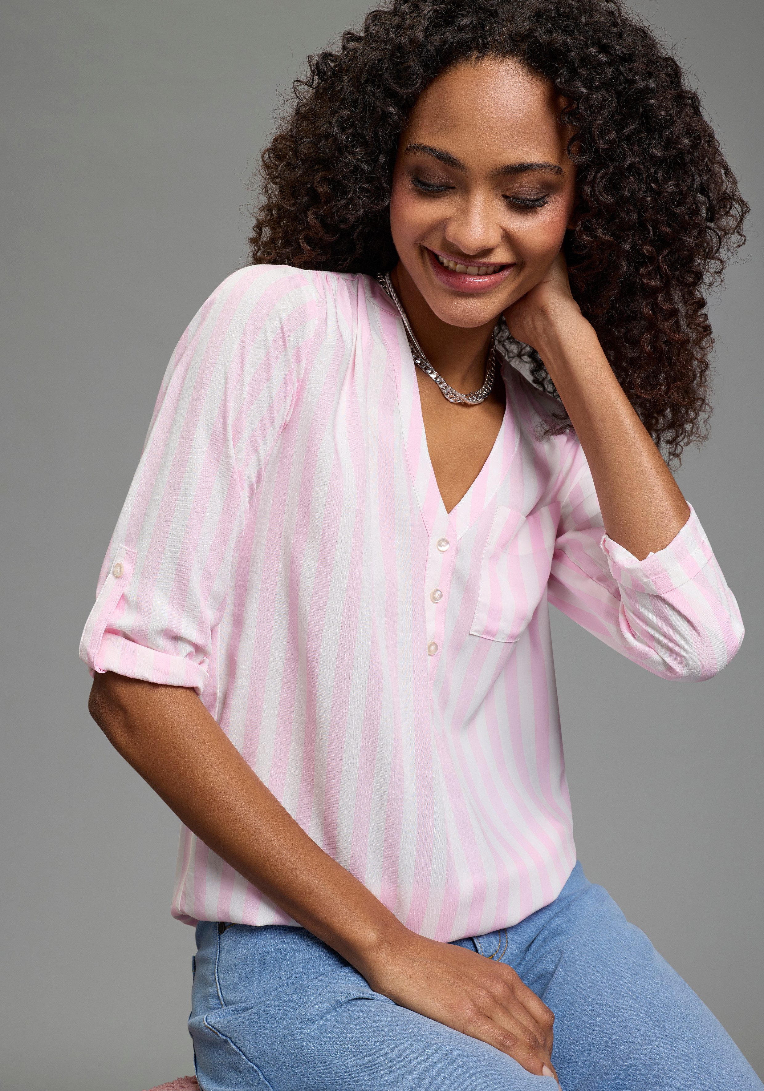 Laura Scott Schlupfbluse gestreifte Langarmbluse, leicht transparent, V-Ausschnitt