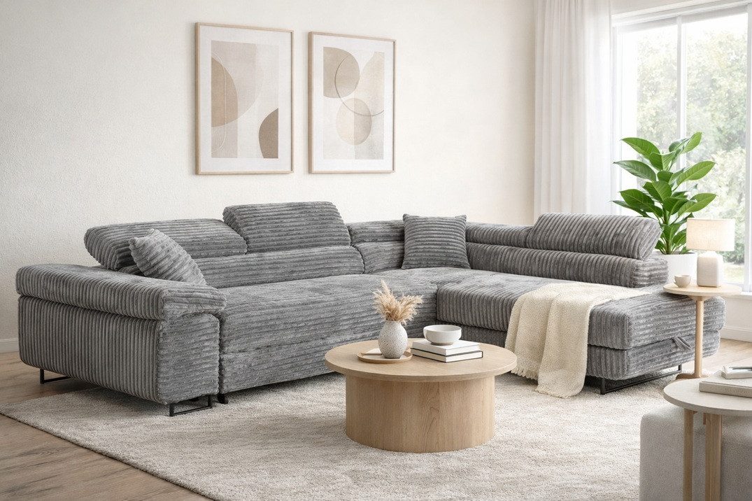 Labett Ecksofa mit Schlaffunktion & Bettkasten Links/Rechts Sofa L-Form GUSTAVO, Kopfstützen, Cordstoff, Schlafsofa