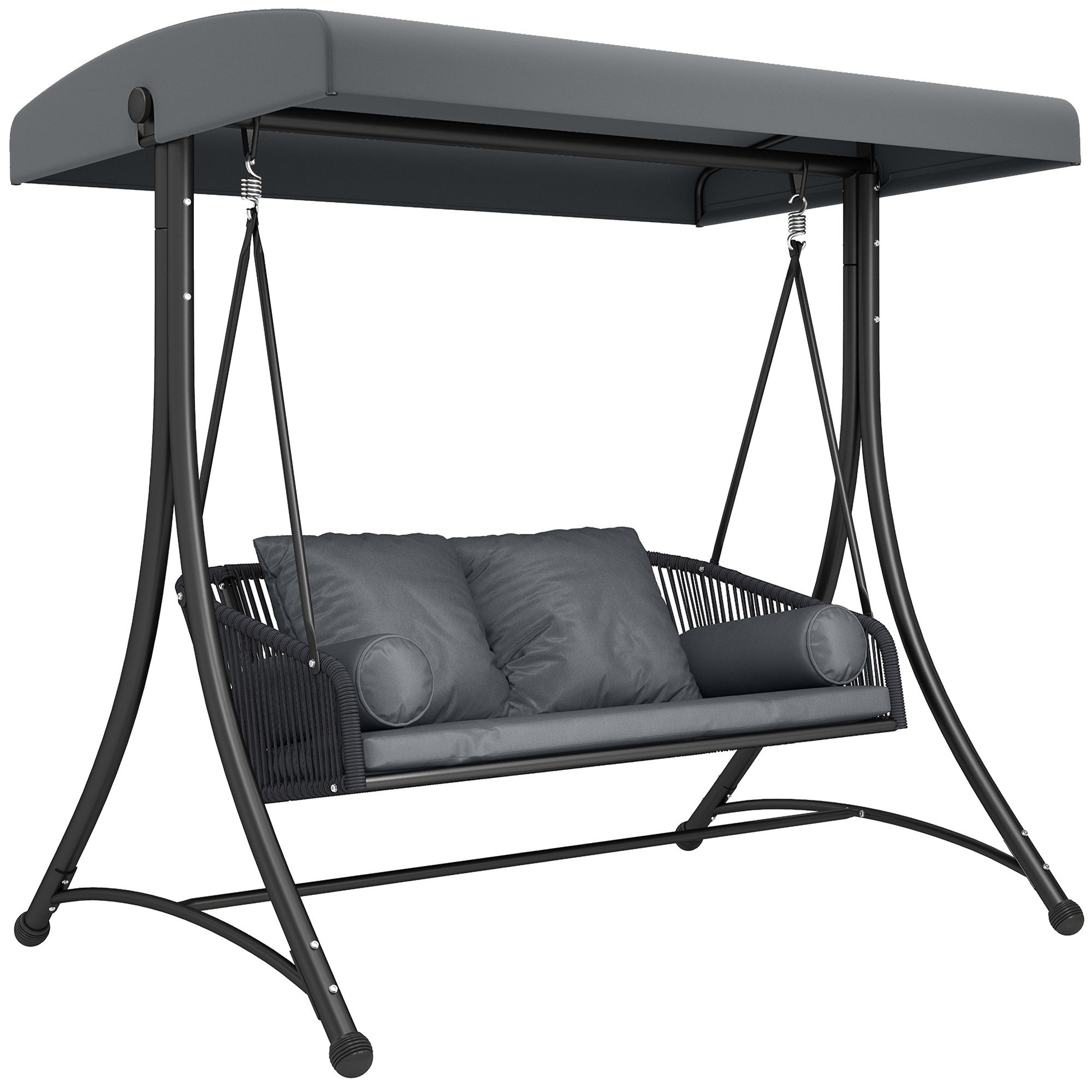 Outsunny Hollywoodschaukel mit Verstellbarem Sonnendach weichem Kissen A-Rahmen, 2-Sitzer, verstellbares Sonnendach, 2-Sitzer Gartenschaukel, 6 tlg., Schaukelbank, für Garten Terrasse 178 x 120 x 172 cm Dunkelgrau