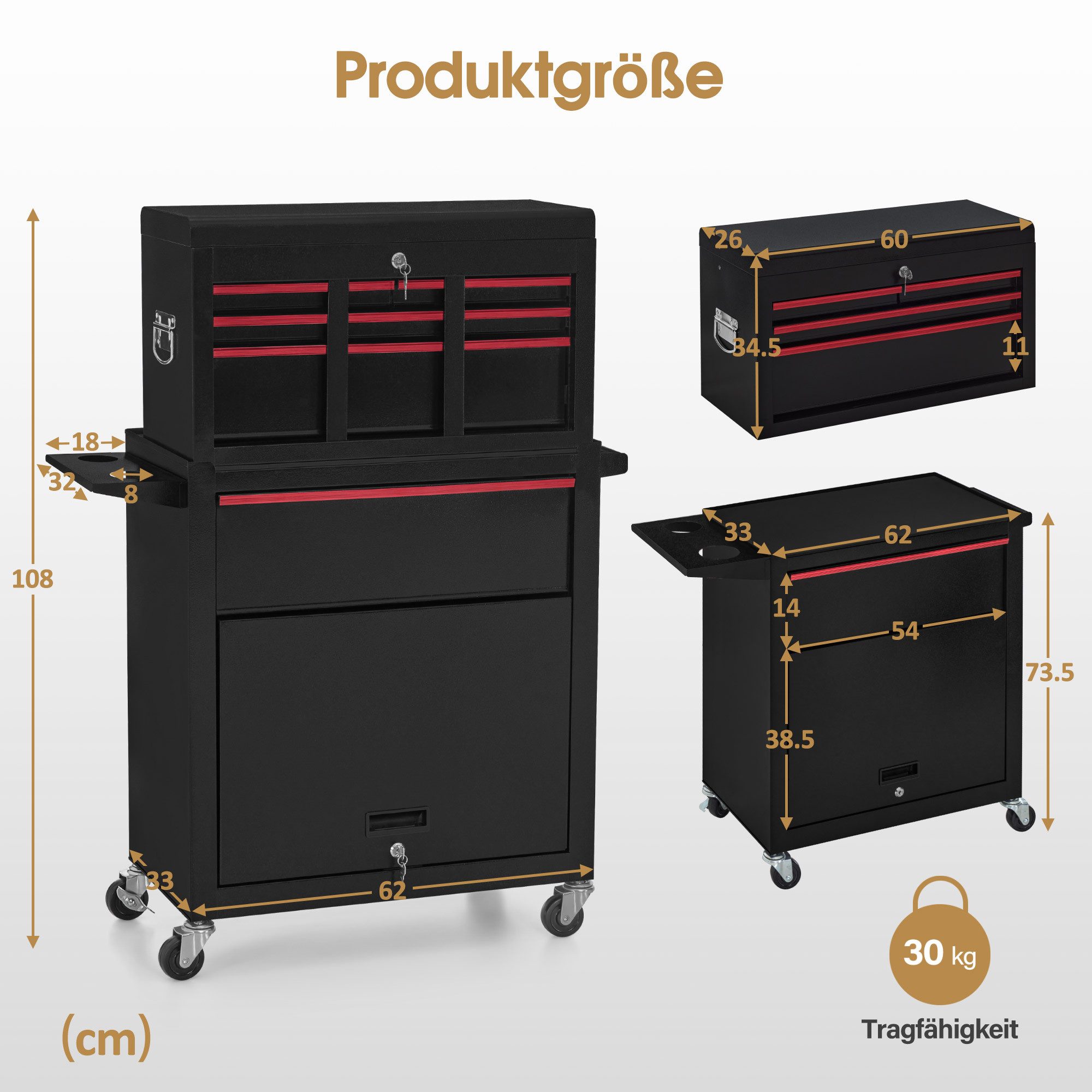 Barberpub Rollwagen BarberPub 2 in 1 Friseurwagen mit 5 Schubladen, mit Rollen, 0097, mit Rollen, mit Schrank & Haken, abschließbar