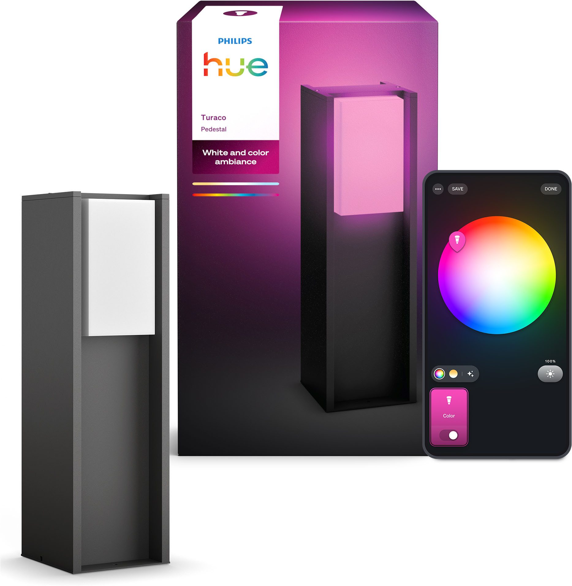 Philips Hue LED Sockelleuchte Turaco Weiß- & Farblicht, Blinker, Dimmer, Farbwechsel, Memoryfunktion, Smart Home, Timerfunktion, erweiterbar, mehrere Helligkeitsstufen, LED wechselbar, RGB, 1100lm, IP44 wetterfest, inkl. Leuchtmittel, anthrazit