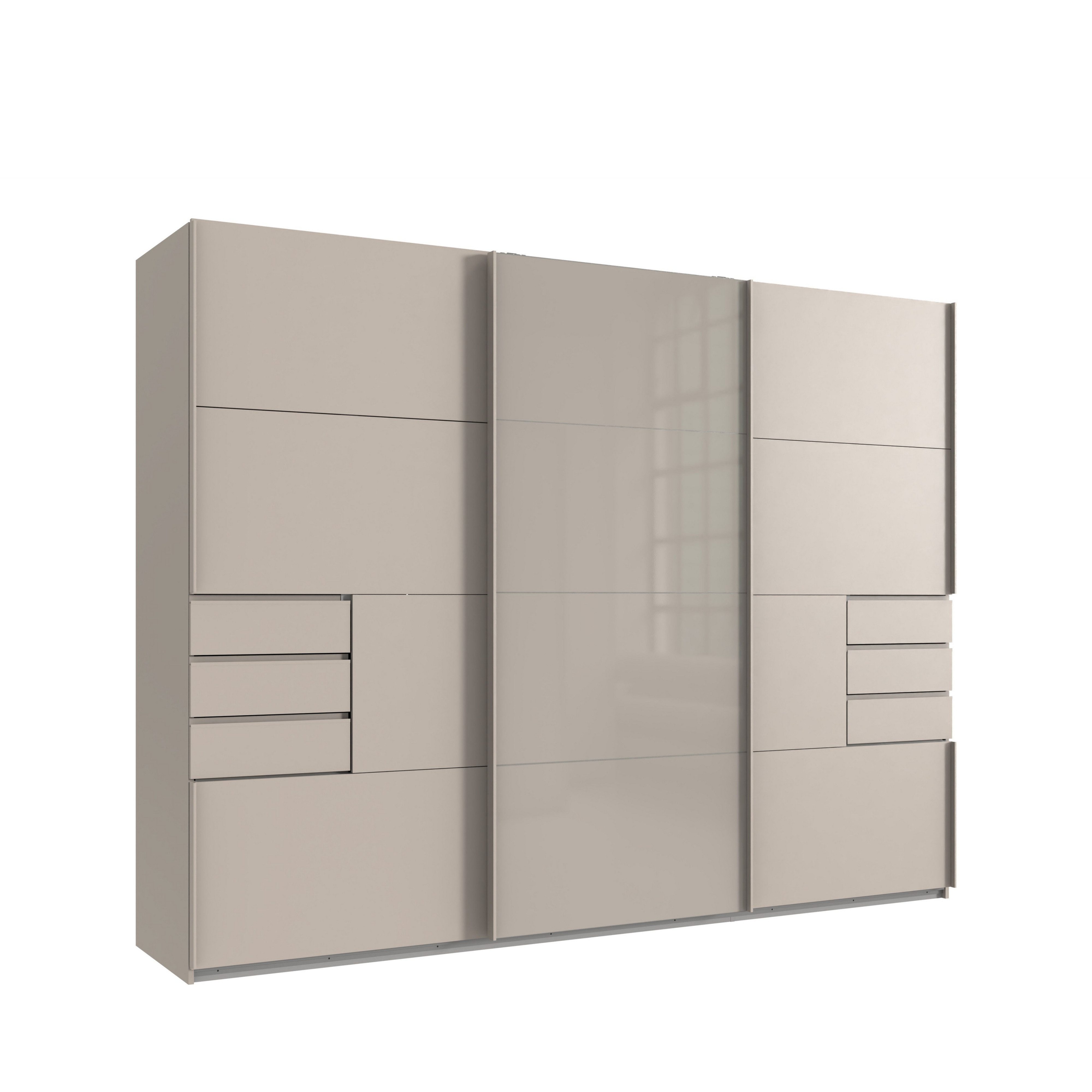 luma-home Schwebetürenschrank 22616 (B270/H208/T64 cm Kleiderschrank mit Vollausstattung, beige-graue Griffleisten) in Beige Grau, 6 sichtbare Schubladen, Mitteltür Glas Beige Grau