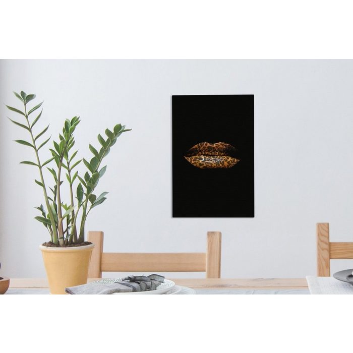 OneMillionCanvasses® Leinwandbild Lippen - Tigerdruck - Schwarz (1 St) Leinwandbild fertig bespannt inkl. Zackenaufhänger Gemälde