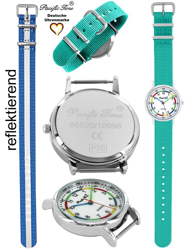 Quarzuhr Mix Gratis First blau Kinder Reflektor Versand Match Pacific und Time Armbanduhr Lernuhr türkis Wechselarmband, und Design Set -