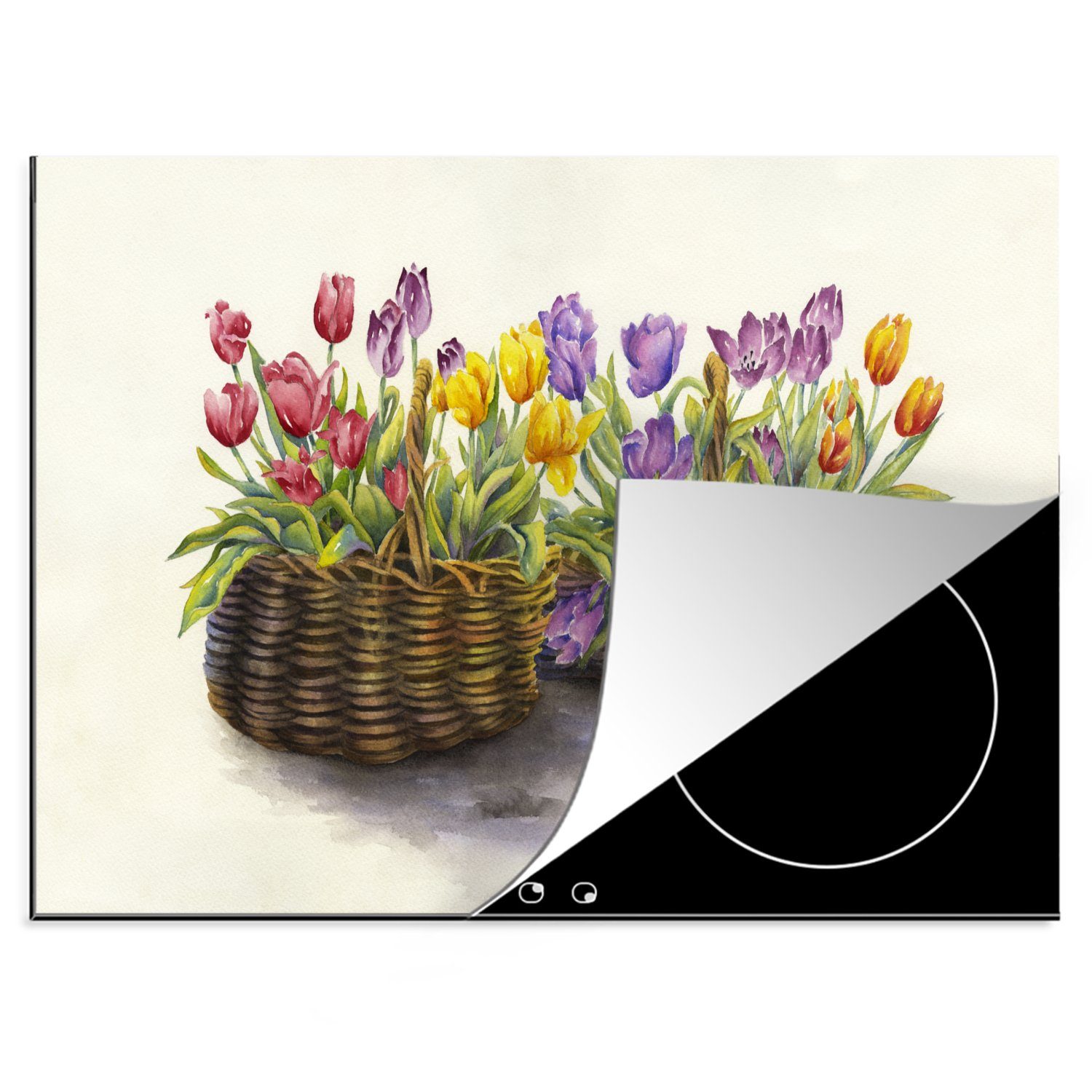 (1 Arbeitsfläche Herdblende-/Abdeckplatte MuchoWow - cm, Tulpen Aquarell, - - Korb Ceranfeldabdeckung Vinyl, 70x52 Mobile Blumen tlg), nutzbar,