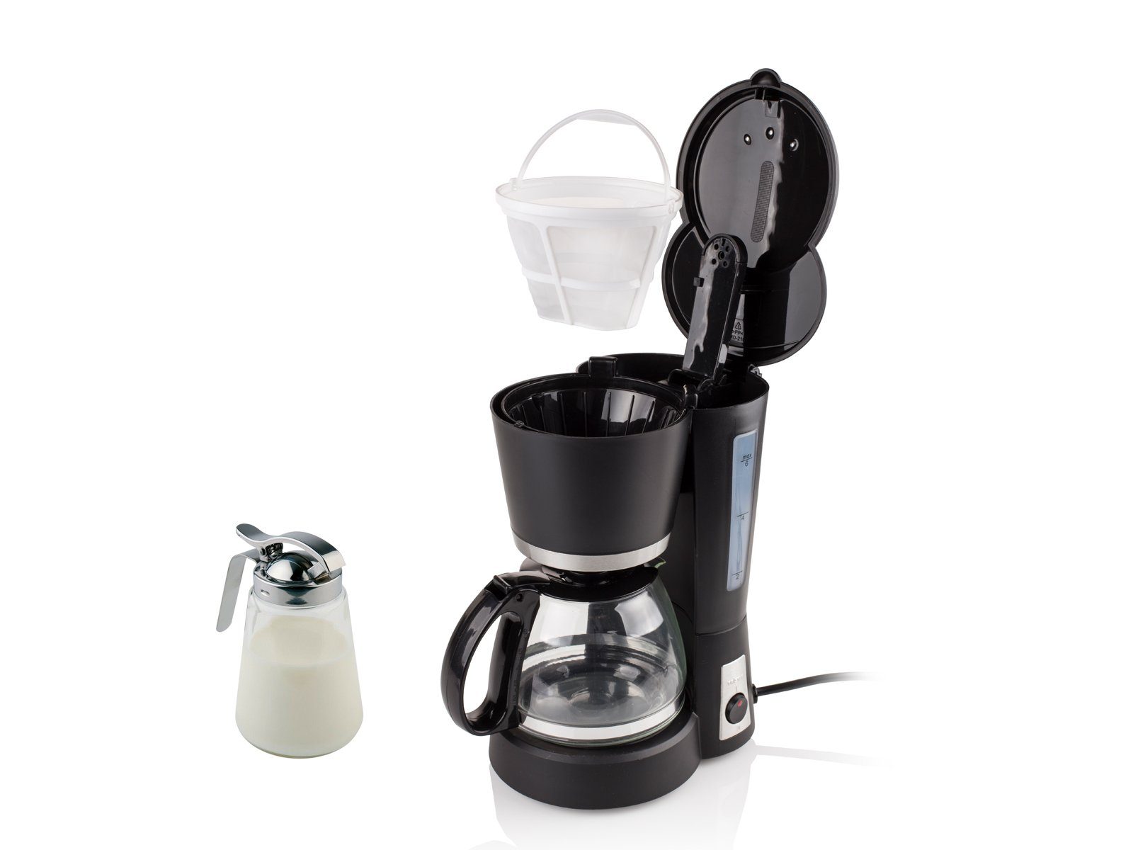 Kaffee-Filtermaschine 1.2l Glaskanne Permanentfilter, Filterkaffeemaschine, Kaffeekanne, kleine Milchkännchen mit 12 Tristar Tassen &