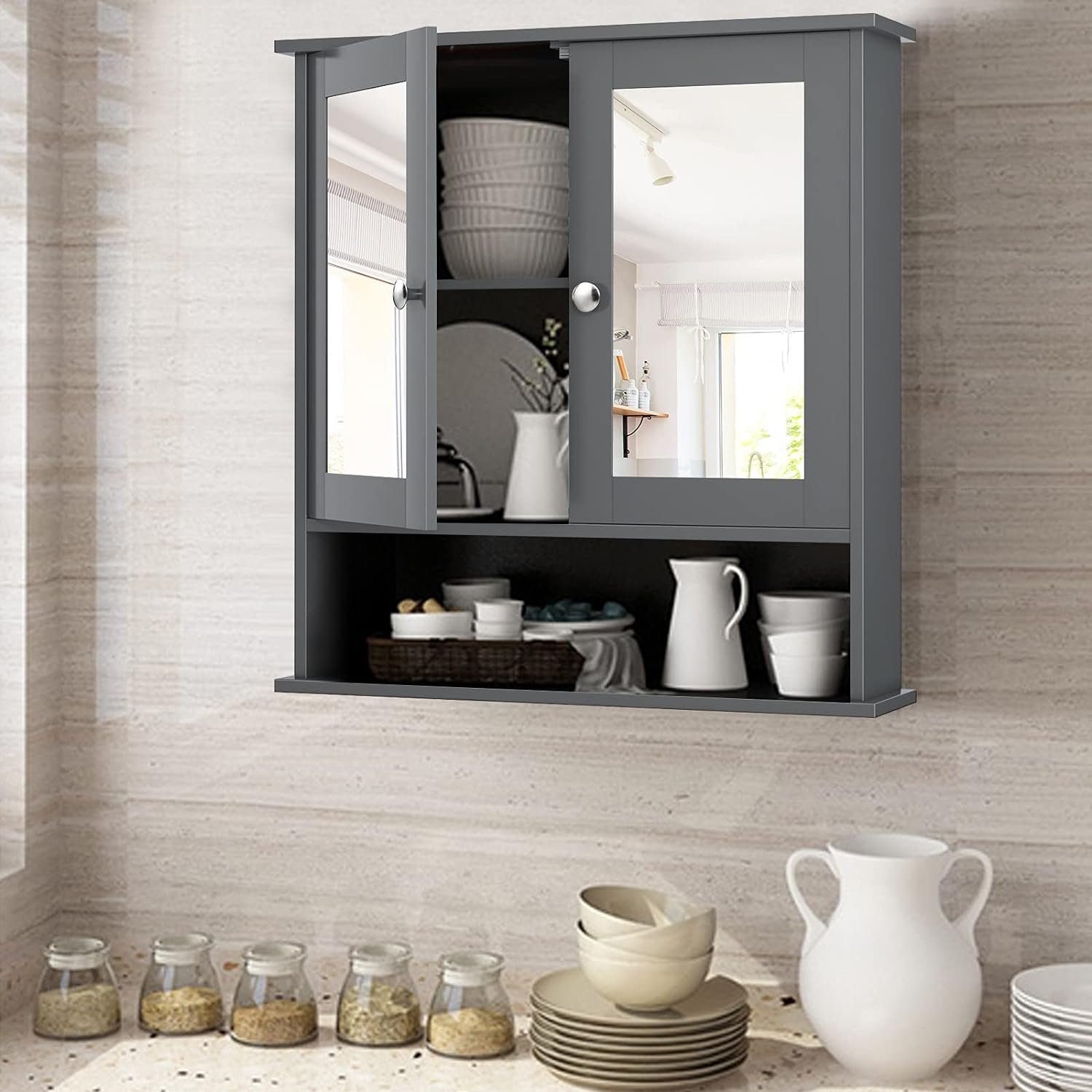 KOMFOTTEU Spiegelschrank Badezimmerspiegelschrank Wandschrank hängend, 13 grau cm 58 x x 56