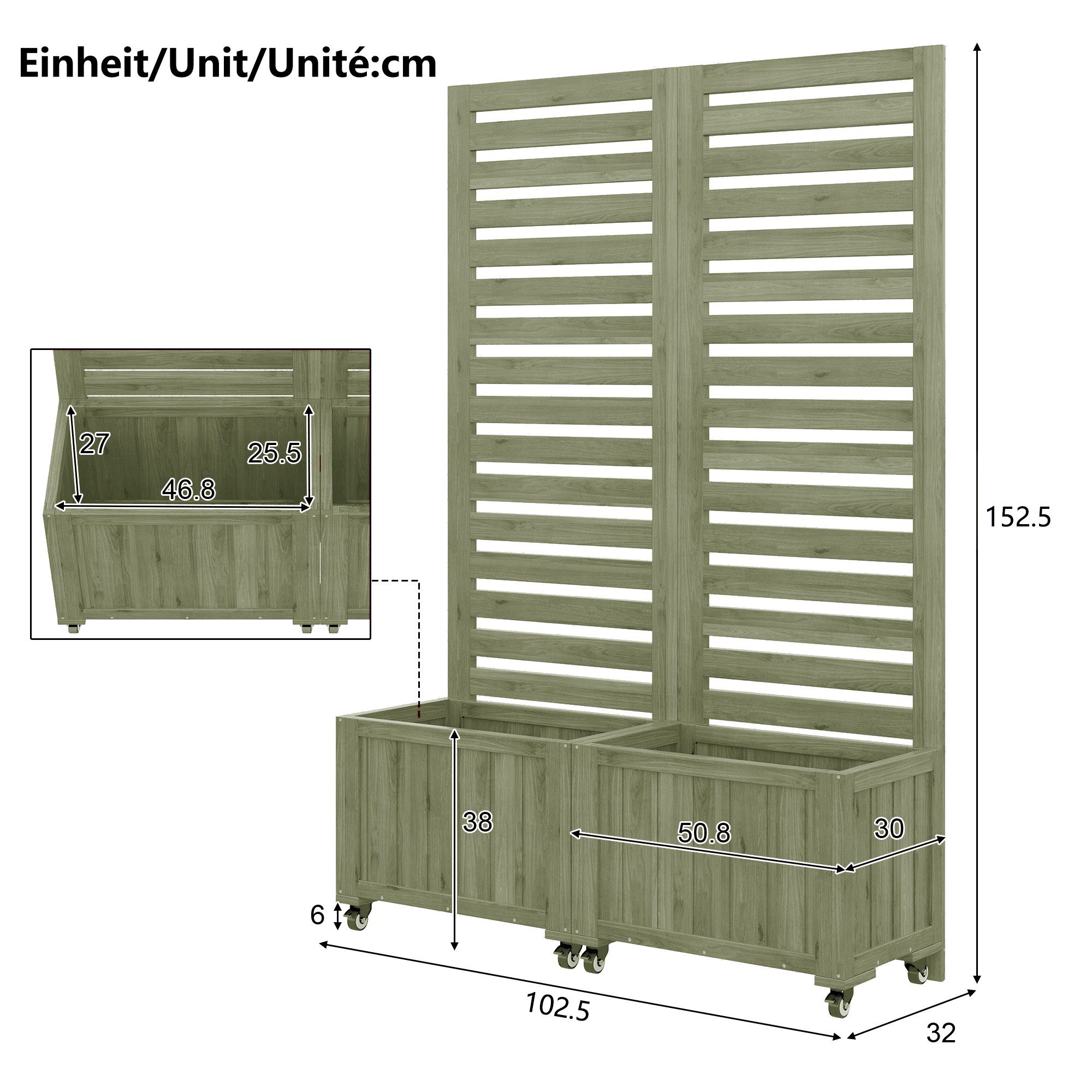 Celya Blumenkasten Pflanzkübel, Outdoo Pflanzgefäß mit Spalier als Kletterhilfe (Mit Klapp- und Universalrädern, Grün), Blumenkasten Pflanzkasten, Geeignet für Garten, Hof und Terrasse