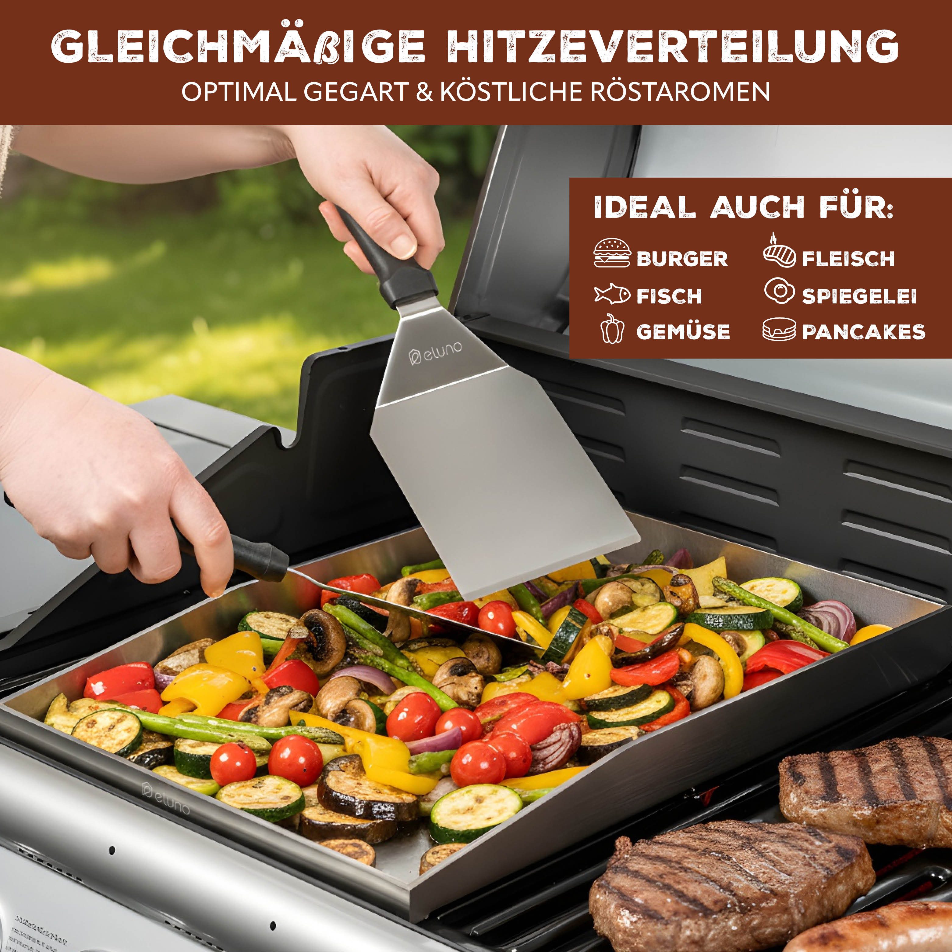 eluno Grillplatte Plancha-Set aus Edelstahl (4-St., 1x Plancha-Platte, 1x Grillwender, 1x Grillspachtel, 20x Burger-Papier), zwei Ablauflöcher in der Plancha-Pl – Bild 5 von 5