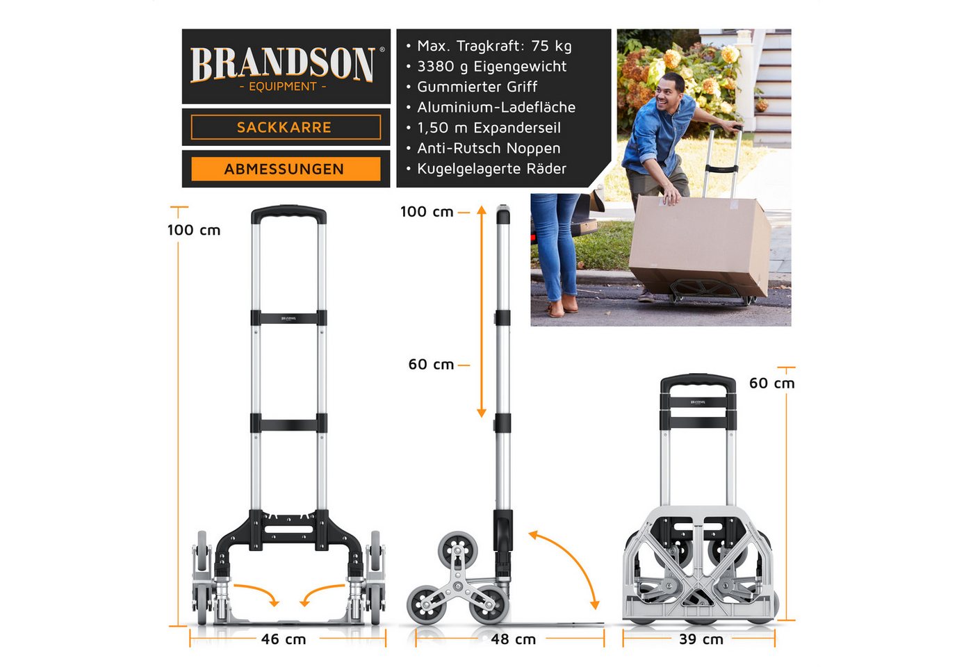 Thumbnail - Brandson Sackkarre Transportkarre klappbar mit 75 kg Last Vollgummireifen & Expanderseil, (1-St), Alu Treppensteiger, fü...