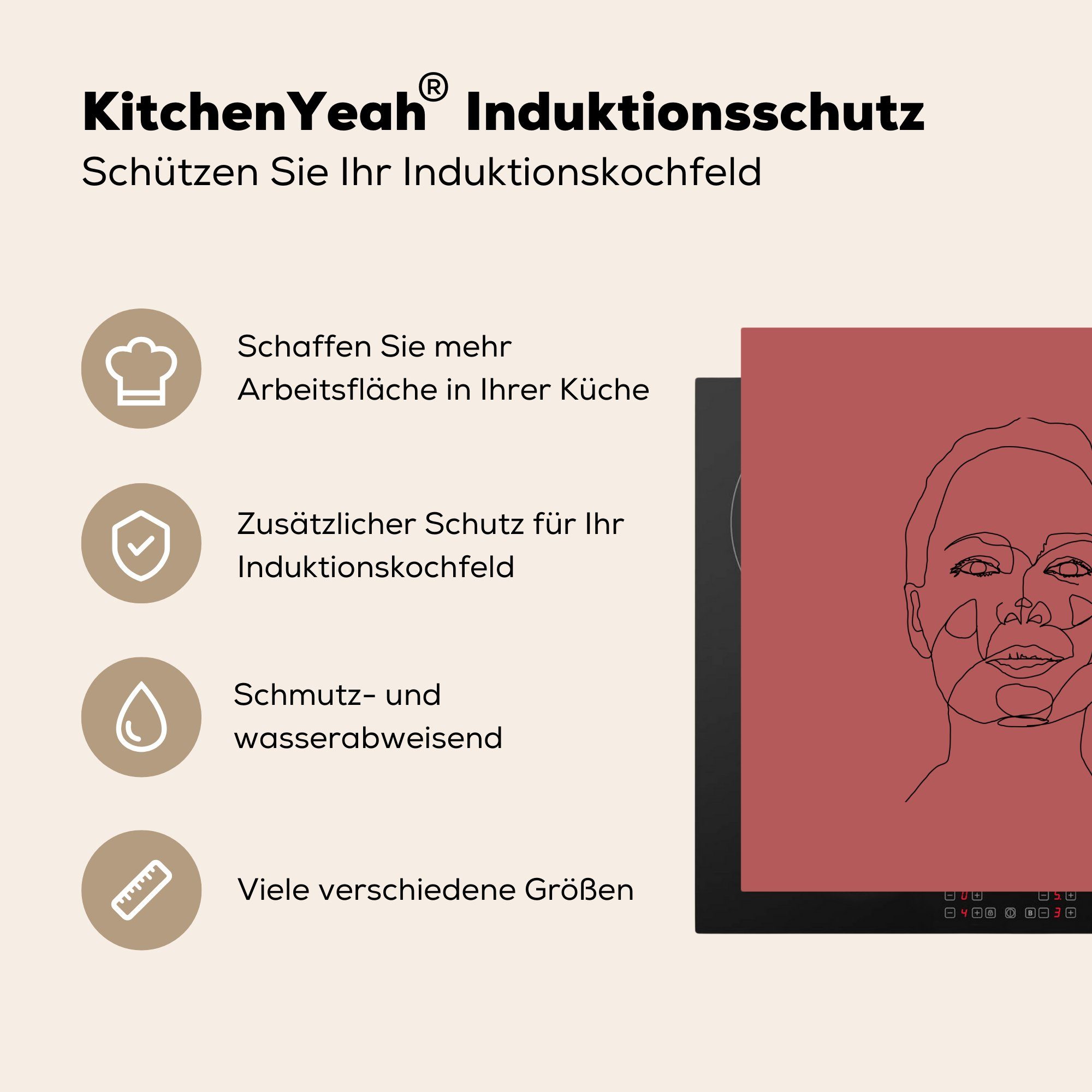 MuchoWow Herdblende-/Abdeckplatte Frau - Kopf Strichzeichnung, - cm, (1 tlg), Vinyl, für küche Ceranfeldabdeckung, Arbeitsplatte 78x78