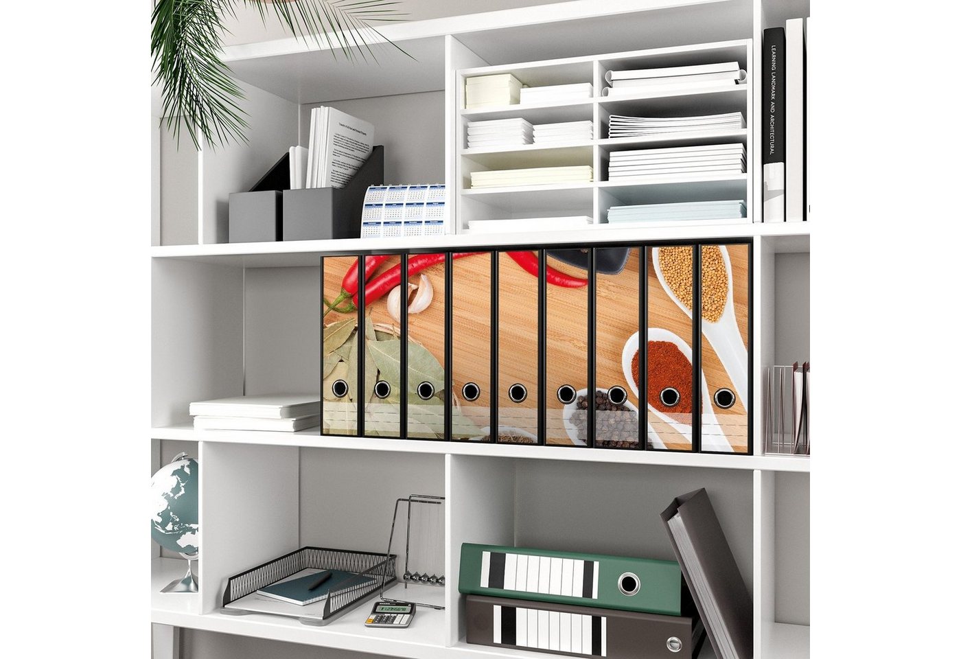 Thumbnail - Wallario Etiketten Gewürze und Kräuter auf Löffeln und in Schalen, Ordnerrücken-Sticker in verschiedenen Ausführungen