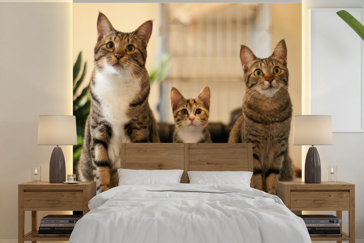 MuchoWow Fototapete Drei Katzen auf kleinem Tisch, Matt, bedruckt, (5 St), Vinyl Tapete für Wohnzimmer oder Schlafzimmer, Wandtapete | Fototapeten