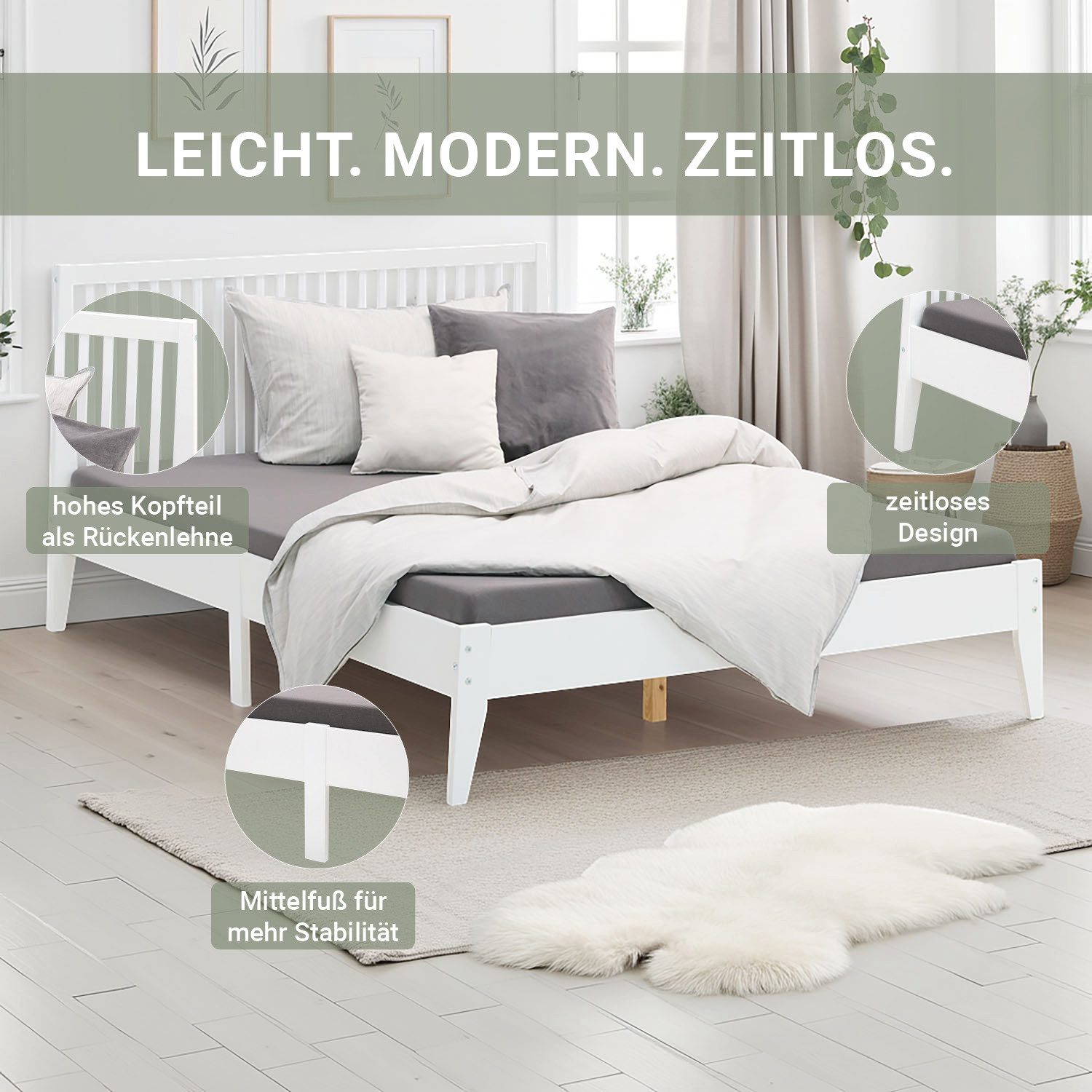 Homestyle4u Holzbett 140x200 Doppelbett Bettgestell Futonbett Weiß Holz mit Kopfteil (Set, mit Lattenrost)