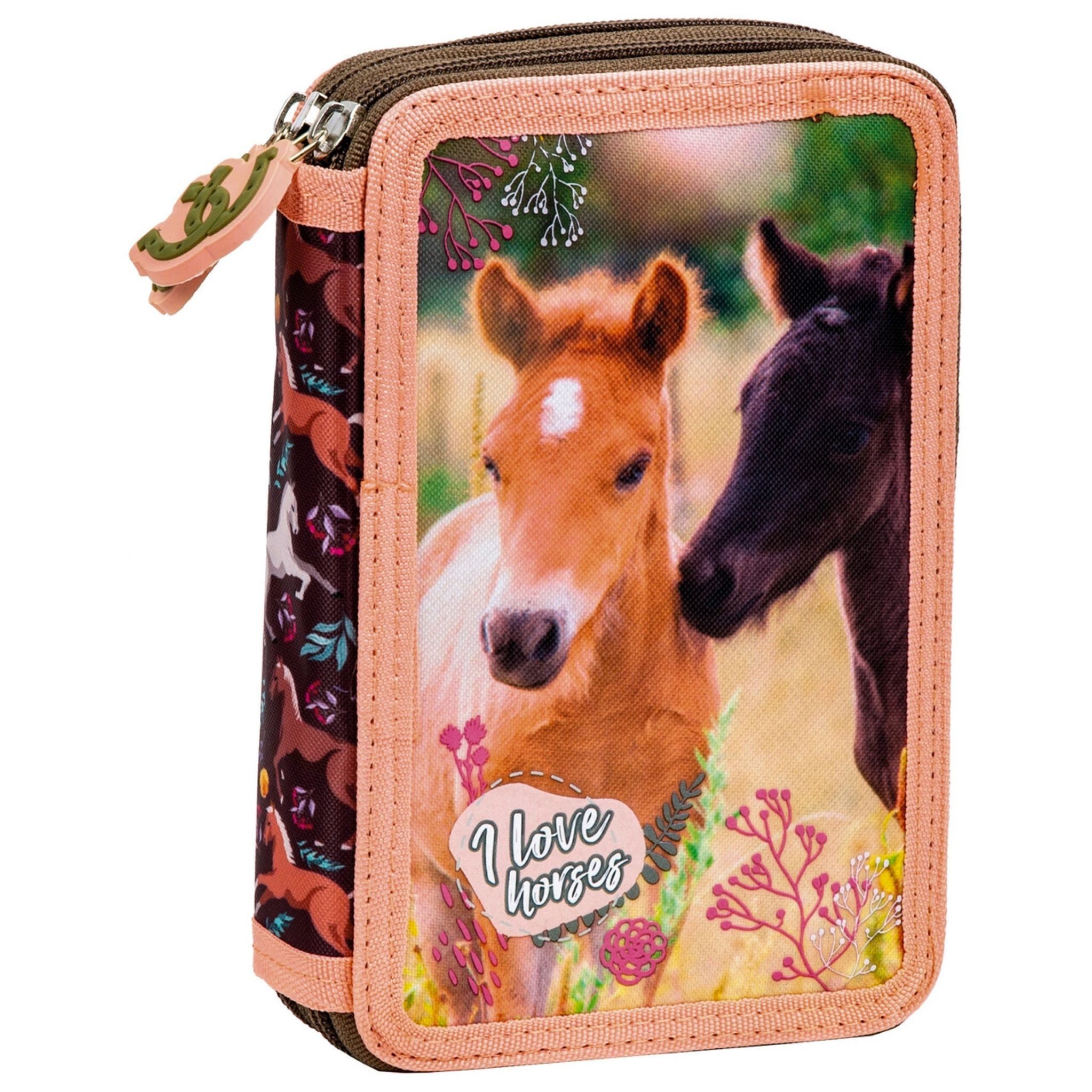 Festivalartikel Federtasche Zweikammer-Mäppchen mit Pferdemotiven, inkl. Zubehör