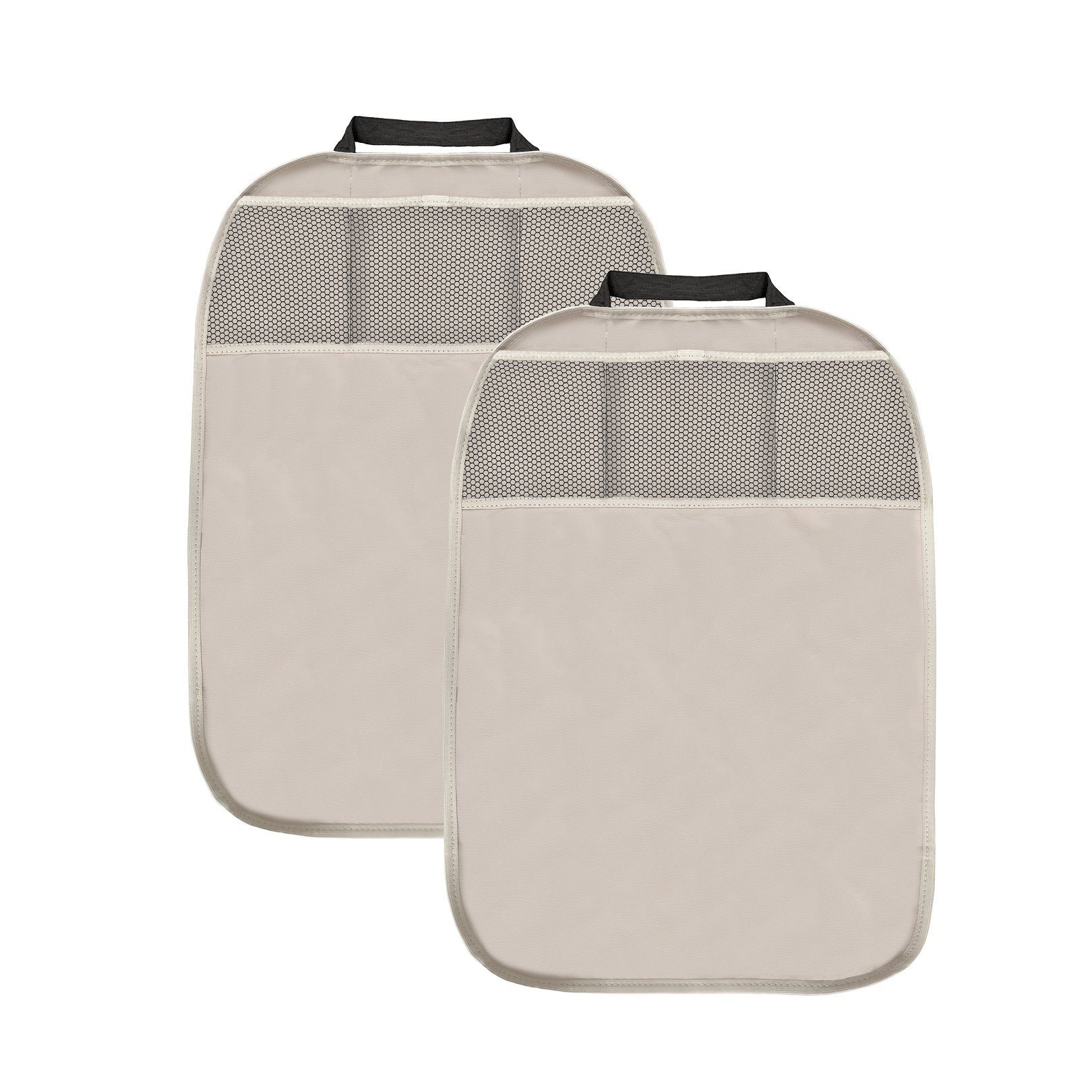 L & P Car Design Auto-Rückenlehnentasche Rückenlehnenschutz Sitzschoner aus Kunstleder in beige Kinder (2 Stück), mit 3 Taschen