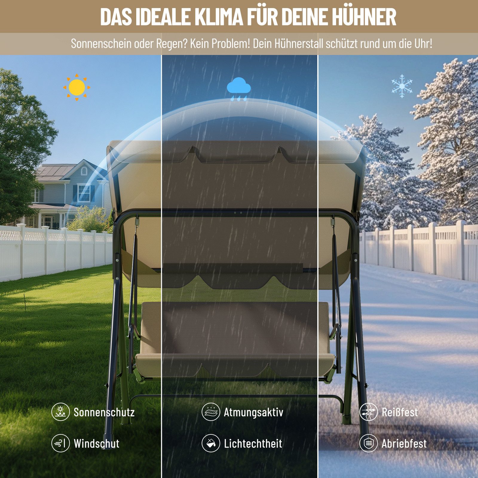 Huracan Hollywoodschaukel 3-Sitzer, Gartenschaukel mit Verstellbarem Sonnendach, 3-Sitzer, 175.5*110*152cm-Klassiker, UV-Schutz Wetterfest, Schaukelbank 220kg Belastbar