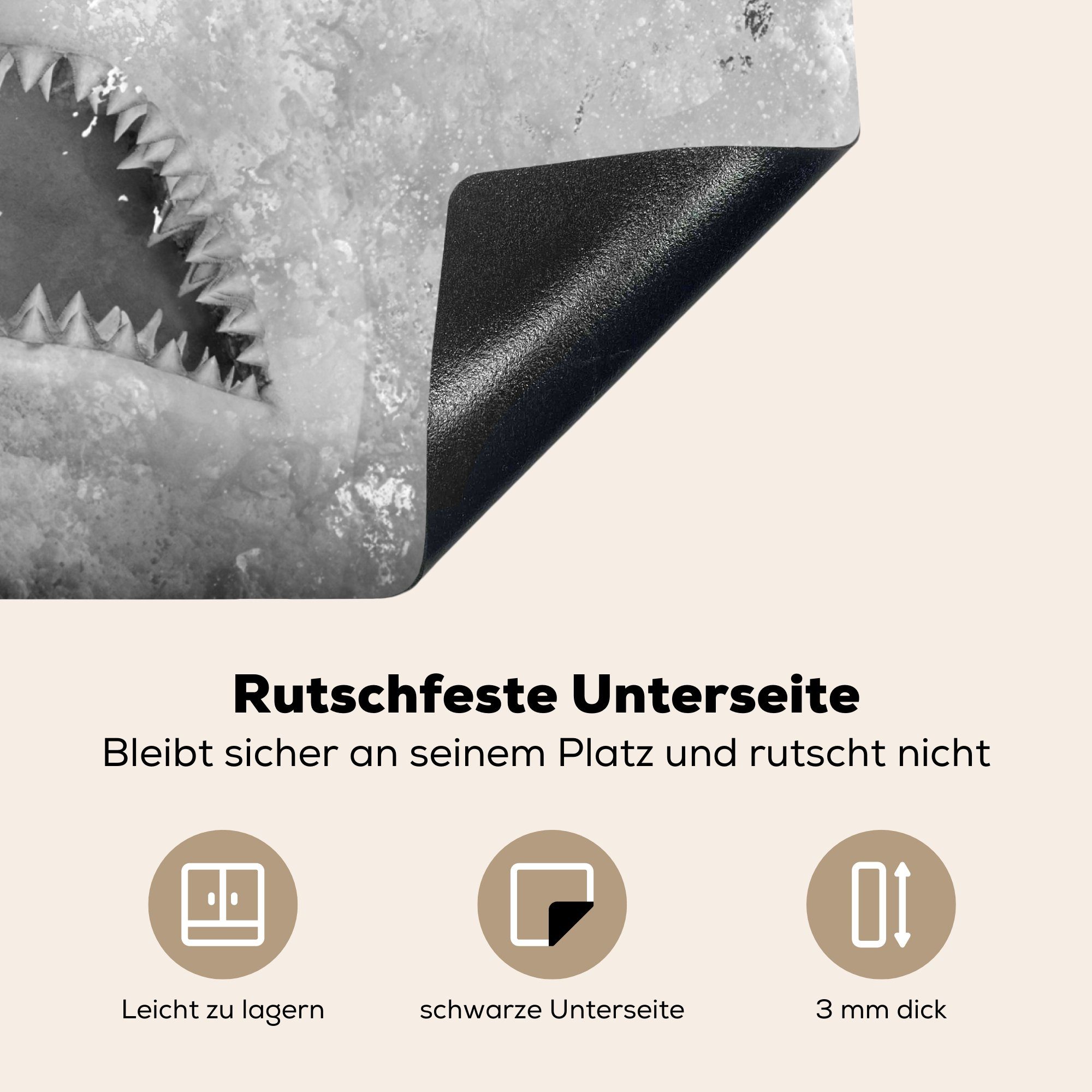 schwarz tlg), (1 Ceranfeldabdeckung cm, Wasser Arbeitsfläche nutzbar, Hai dem Herdblende-/Abdeckplatte Mobile aus 60x52 MuchoWow - und weiß, kommt Vinyl,