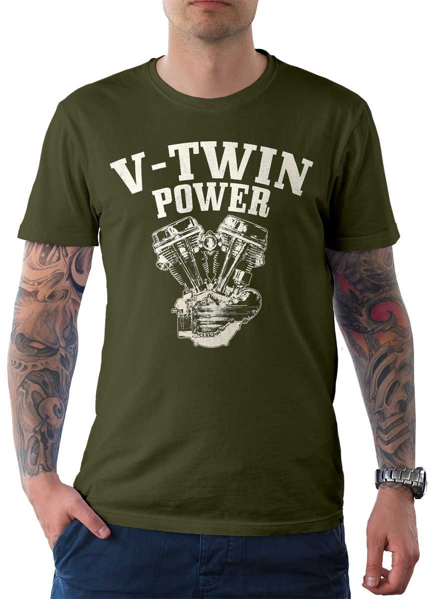 T-Shirt Wheels Oliv / Biker On mit Power Rebel V-Twin Motorrad Motiv Herren Tee T-Shirt