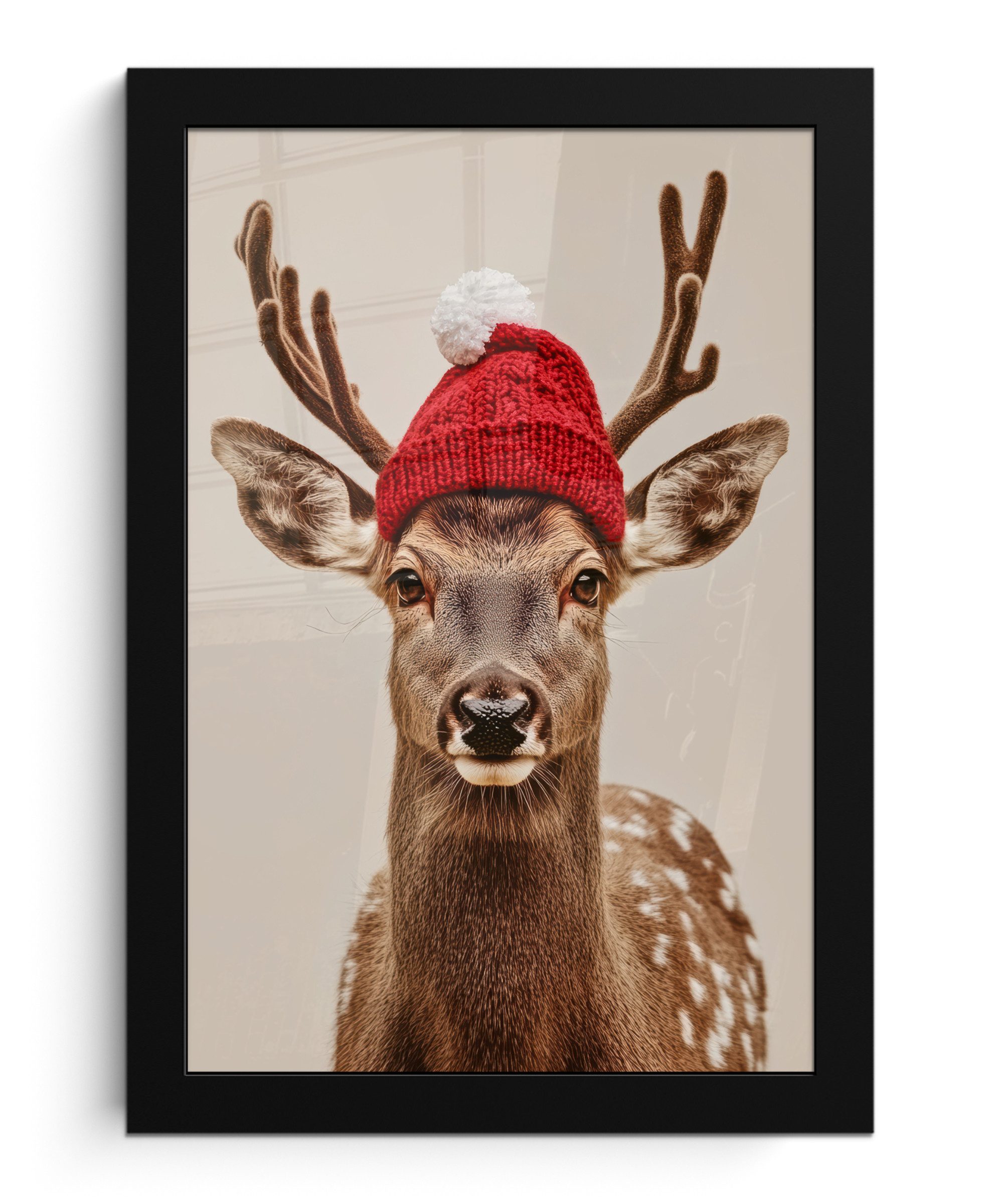 MuchoWow Poster Hirsch - Weihnachten - Hut - Tiere - Winter - Lustig, (1 St), Bilderrahmen, Zimmer Deko, Bild für Wohnzimmer, 20x30 cm