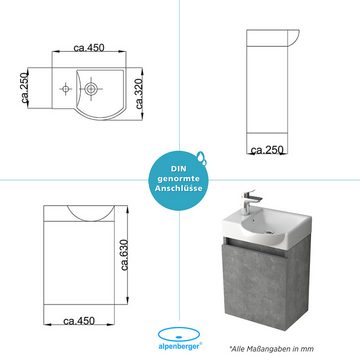 Alpenberger Waschbecken Gäste WC Komplettset - Badmöbel Set Möbelwaschtisch in Grau (Vormontierte Komplettprogramme für Badezimmer, 2-St., Waschtisch mit Unterschrank), Soft-Close Hängeschrank, pflegeleicht, Keramik Handwaschbecken