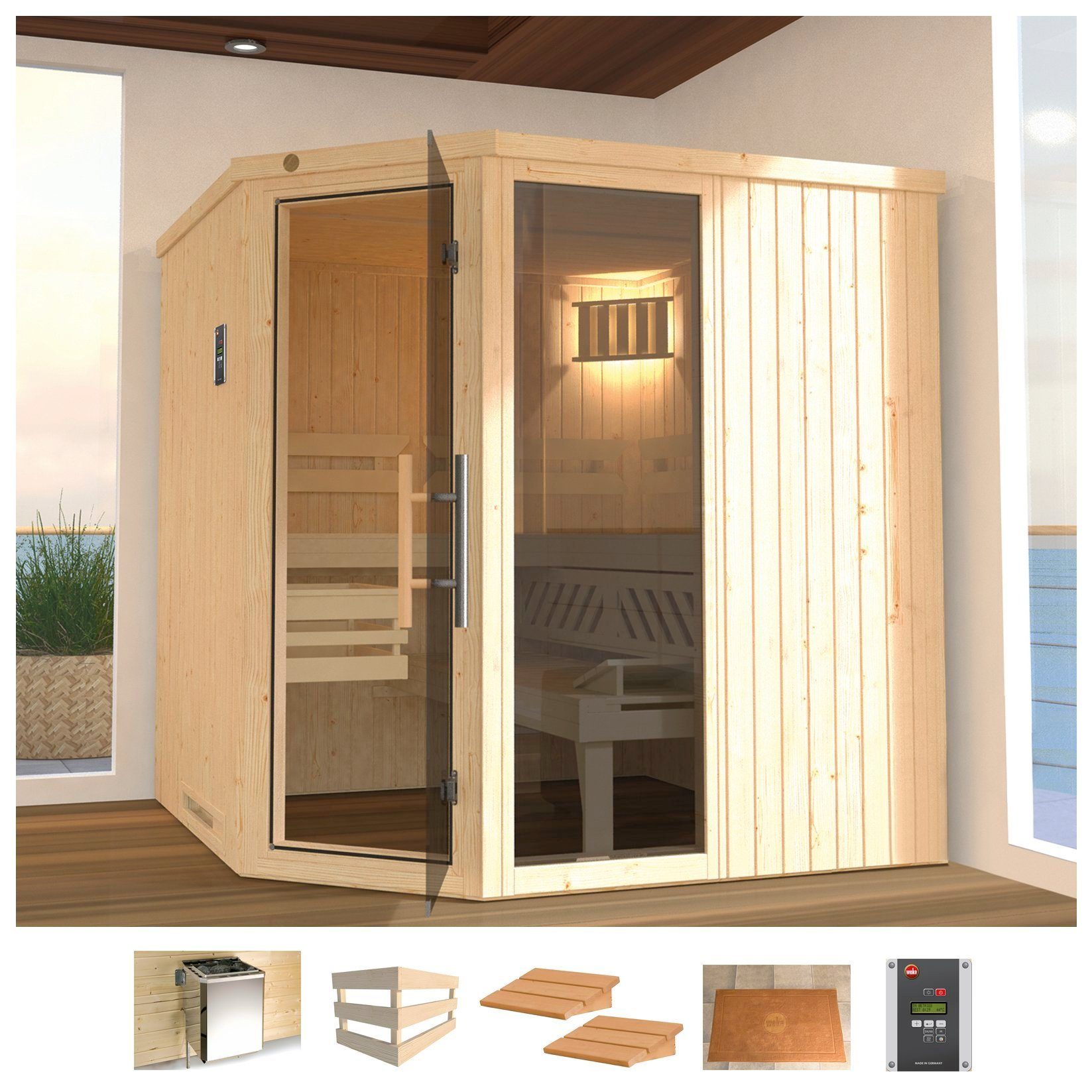 weka Sauna Varberg 3, BxTxH: 194 x 194 x 199 cm, 57 mm, 7,5 kW Ofen mit ext. Steuerung