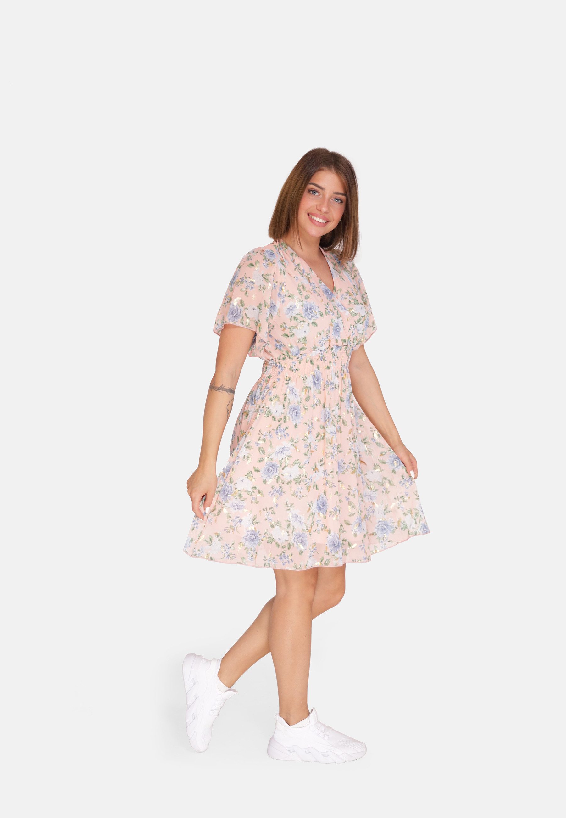 Elara Sommerkleid Damen Chiffonkleid mit Blumenmuster – Sommerkleid mit Volantärmeln mit Muster