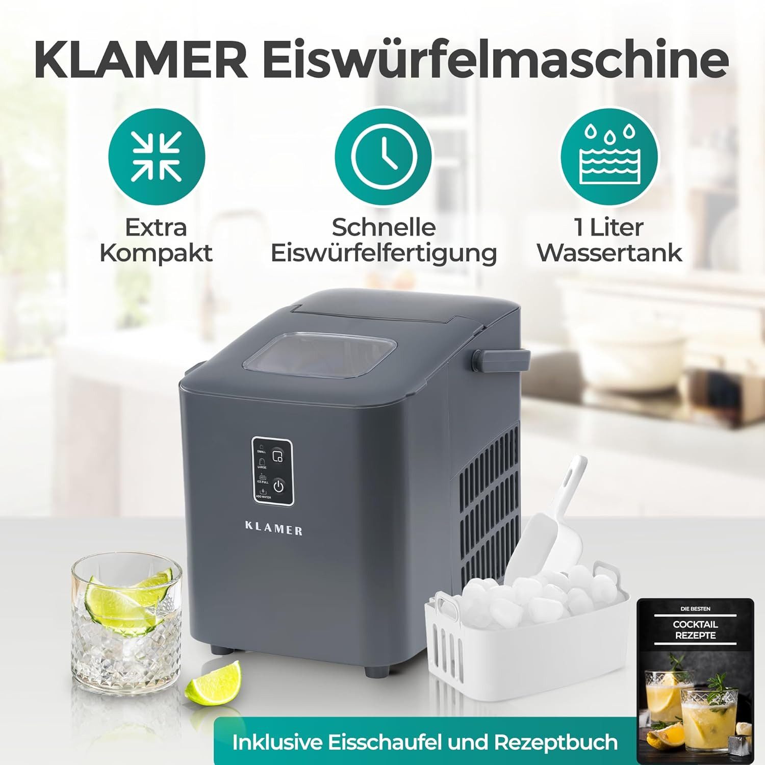 KLAMER Eiswürfelmaschine 11kg/24h, 8 Eiswürfel in 8 Min, 1L Wassertank, 2 Größen, leise Ice Ma…, 120W, 1L Wassertank, Signallampe, mit Eisschaufel, Tragegriff