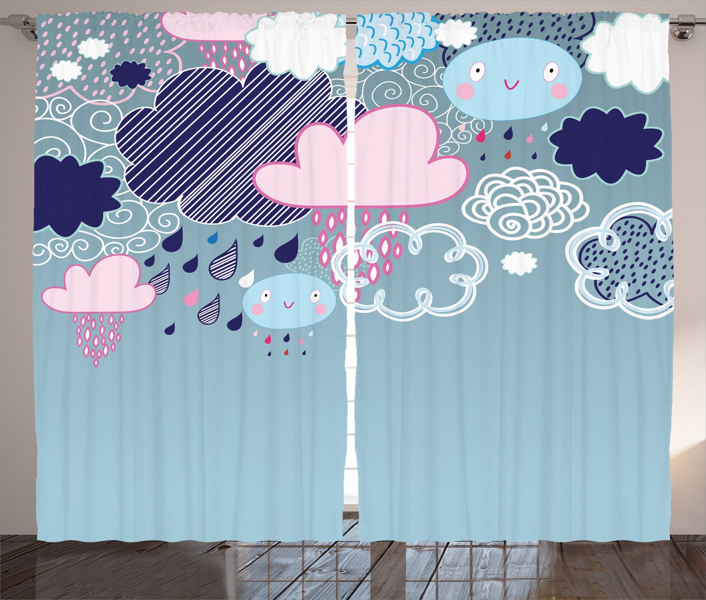 Gardine Schlafzimmer Kräuselband Vorhang mit Schlaufen und Haken, Abakuhaus, Kids Cartoon Regen Smiling Faces | Fertiggardinen