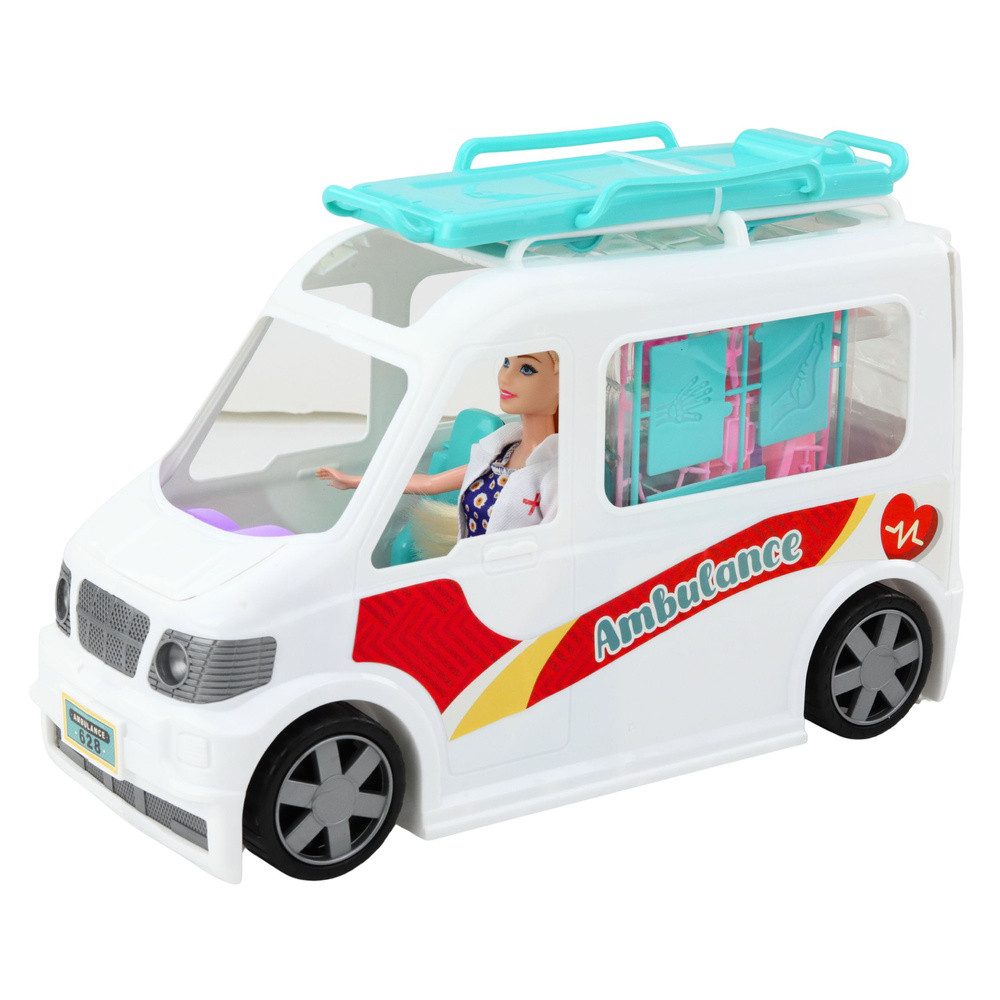 LEAN TOYS Spielzeug-Krankenwagen Rettungswagen Arztspielset Rollenspielfahrzeug, (Spar-Set, 1-tlg., 40 cm aufklappbar), 2-in-1 Fahrzeug, Arztpuppe, verstellbare Trage