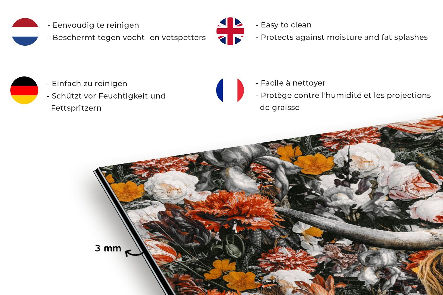 küchen - Schwarz Temperaturbeständig - Wandschutz, Blumen Weiß, (1-tlg), Küchenrückwand cm, aus MuchoWow Highlander Schottischer 60x40 Herdblende -