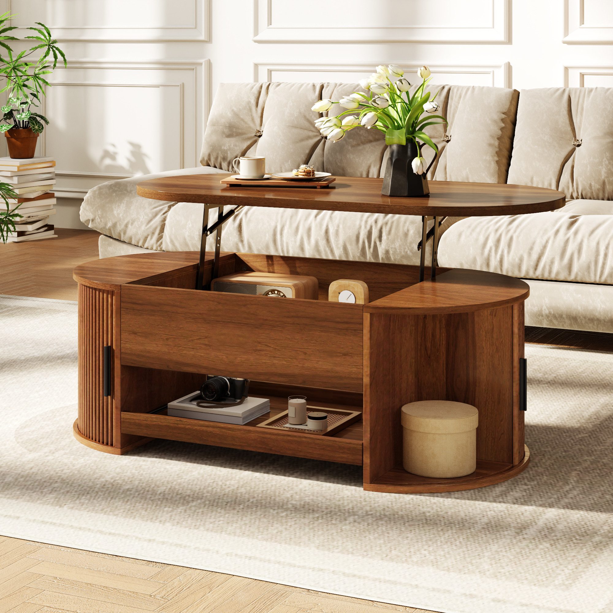 KLAM HOME Couchtisch Couchtisch 110×55×55cm mit Hebefunktion und verstecktem Stauraum (Moderner Sofatisch mit Rillenstruktur und seitlichen Schiebetüren), Multifunktionaler Kaffeetisch mit ausziehbarer Ablageplatte